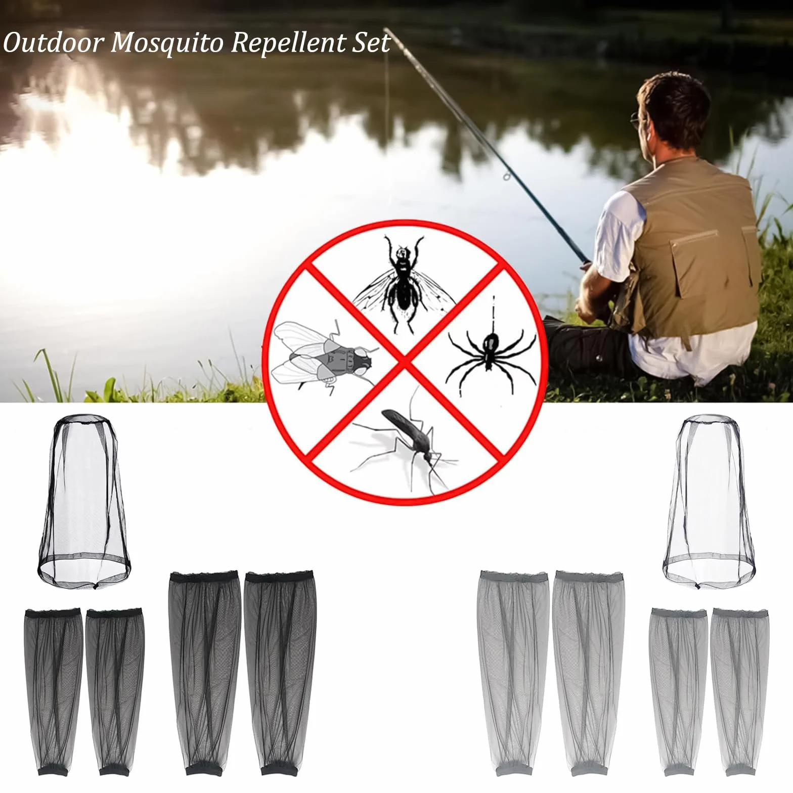Filet de Tête Anti-Moustique, 5Pcs Moustique Protection de Tête Filet Respirants Manchons de Bras et Jambes Anti-Moustiques avec Sac de Rangement pour Extérieur Camping Pêche (Noir)