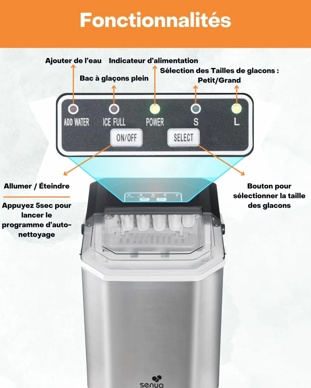 SENYA ICE COOL Machine à Glaçons Rapide 12kg/24h – 9 Glaçons en 6 à 13 min – 2 Tailles – Réservoir 1,3L – Auto-Nettoyante – Compacte et Portable