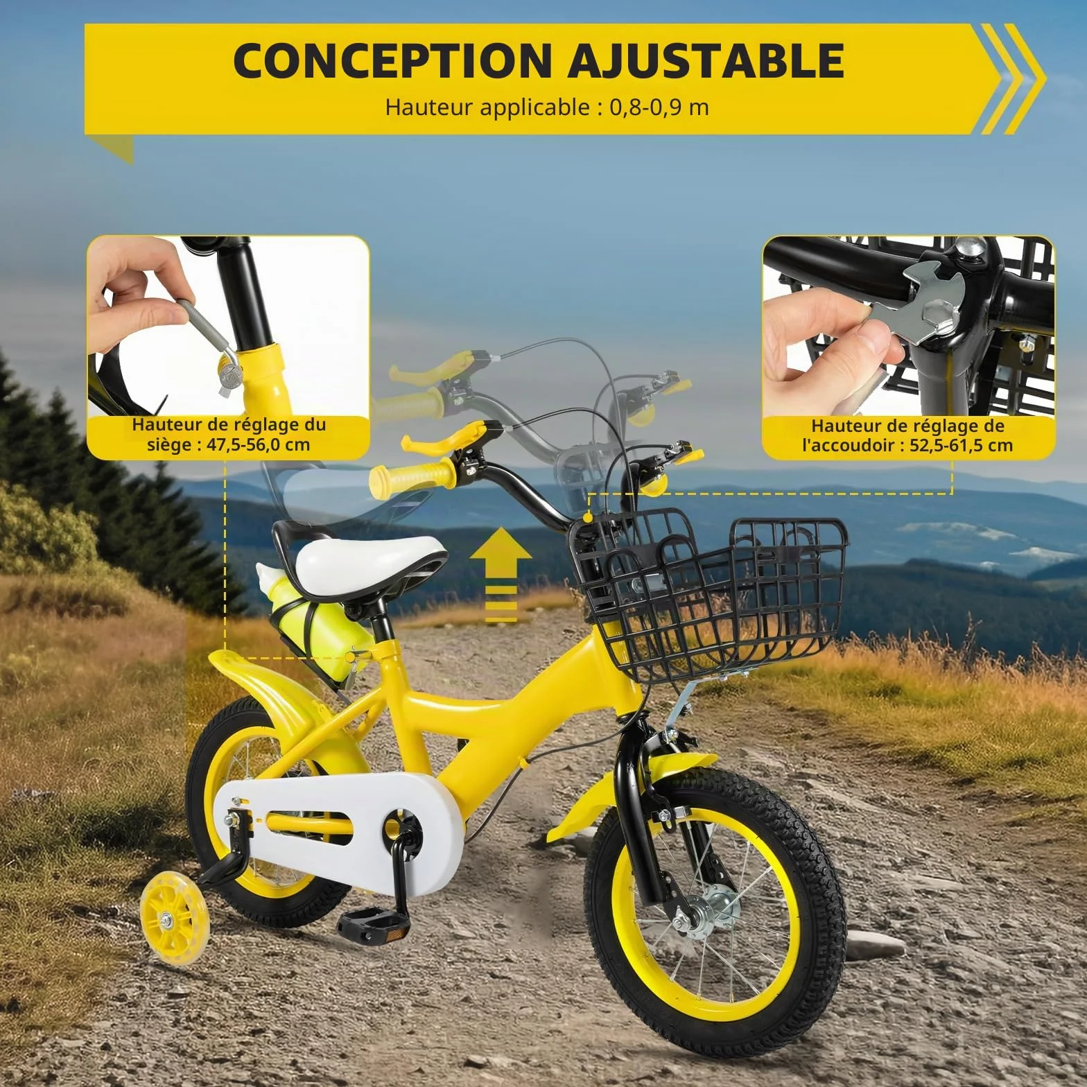 Vélo enfant de 12 pouces, avec roulettes de soutien et panier, hauteur ajustable