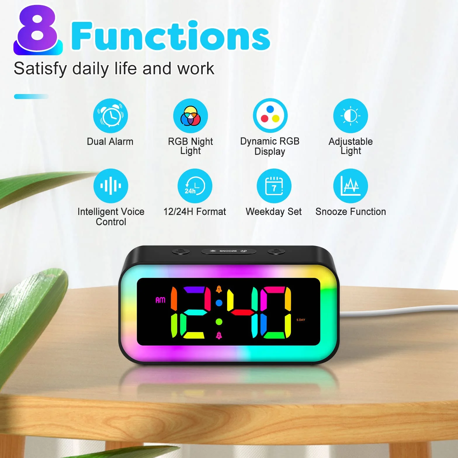 MOSUO Réveil Numérique Enfant avec Veilleuse LED 7 Couleurs, Alarme 2 Modes, Luminosité Réglable, Snooze, Commande Vocale, 12/24H, Port USB