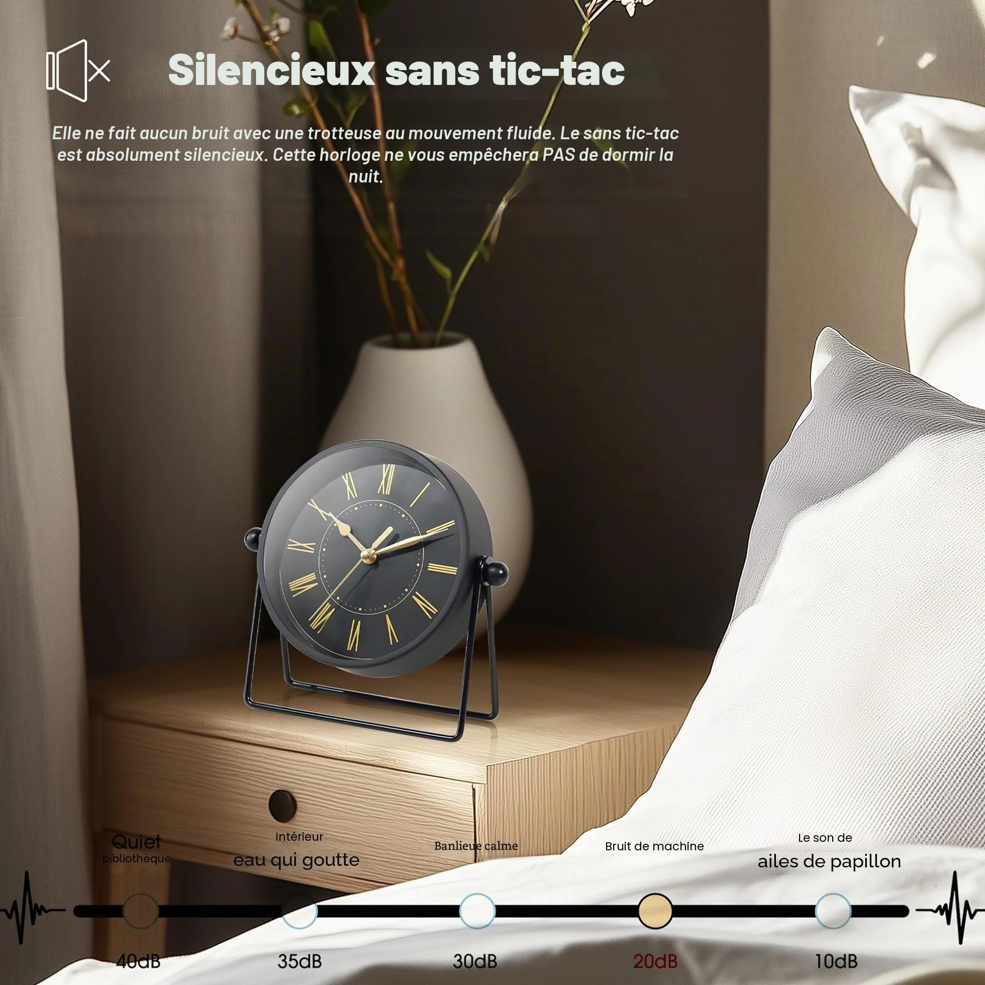AYRELY Horloge de Table Vintage Métal Quartz Silencieux Angle Réglable Noir Doré