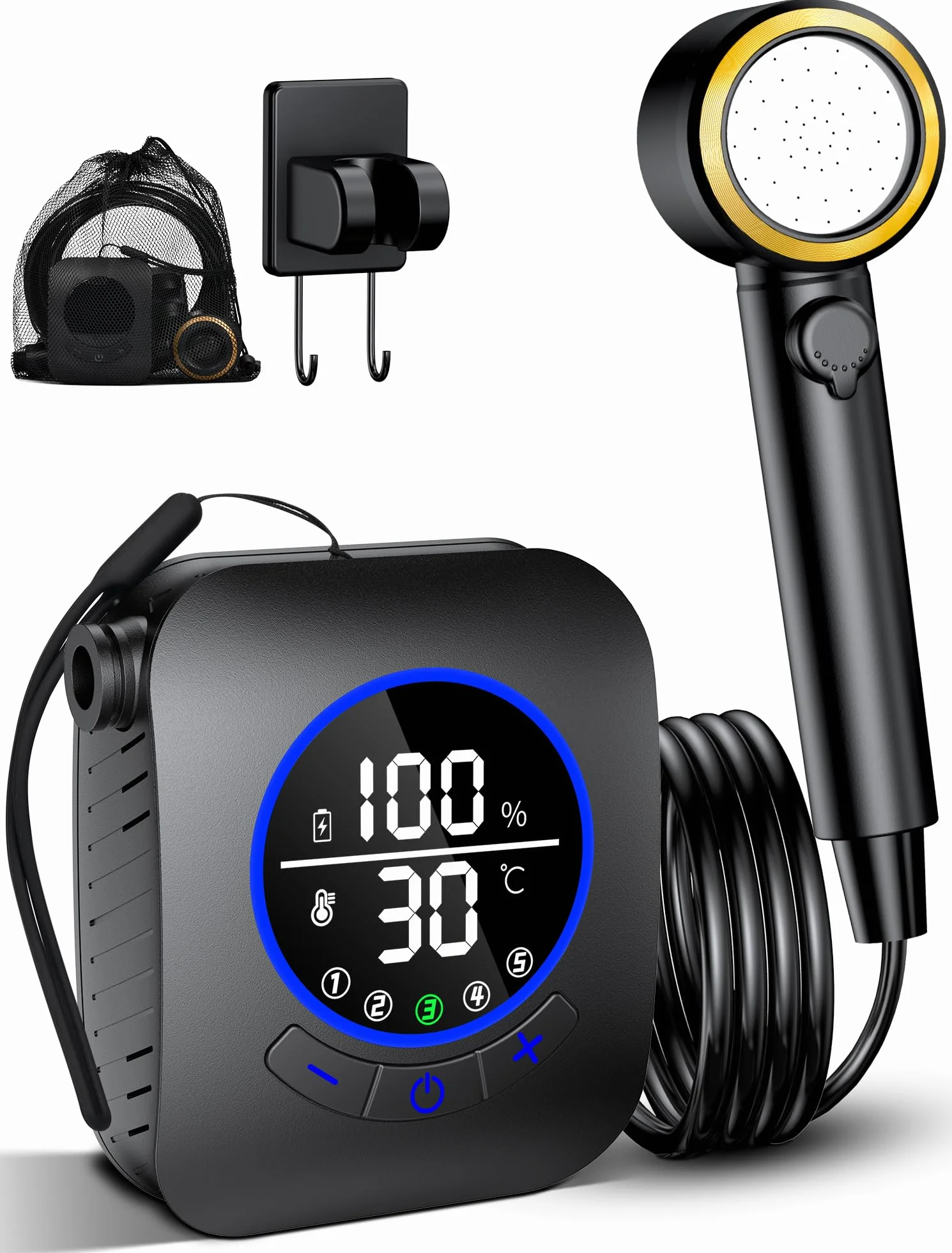 Rsaoty Portable Camping Douche, Douche de Camping Rechargeable avec 8000mAh Batterie, Douche avec Pompe, Tuyau de Douche de 2m, pour randonnée, Camping,Plage, Voyage