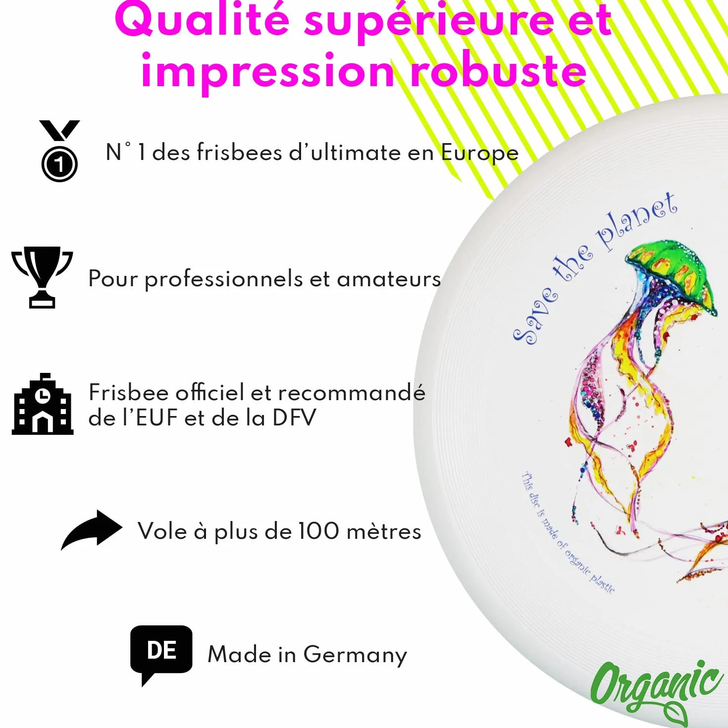 eurodisc Ocean Profi Ultimate Frisbee Disque frisbee professionnel 175 g – Plus de 100 m de trajectoire stable – En matières premières 100 % renouvelables – Motif Save The Planet – Cadeau 7 ans garçon