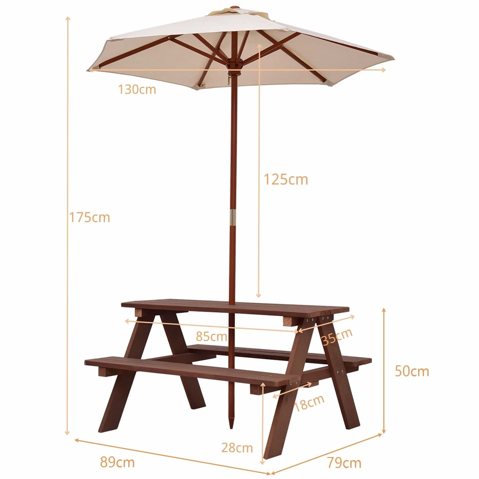 COSTWAY Table de Pique-Nique Enfants avec Parasol Amovible, Bois, 89x79x175cm
