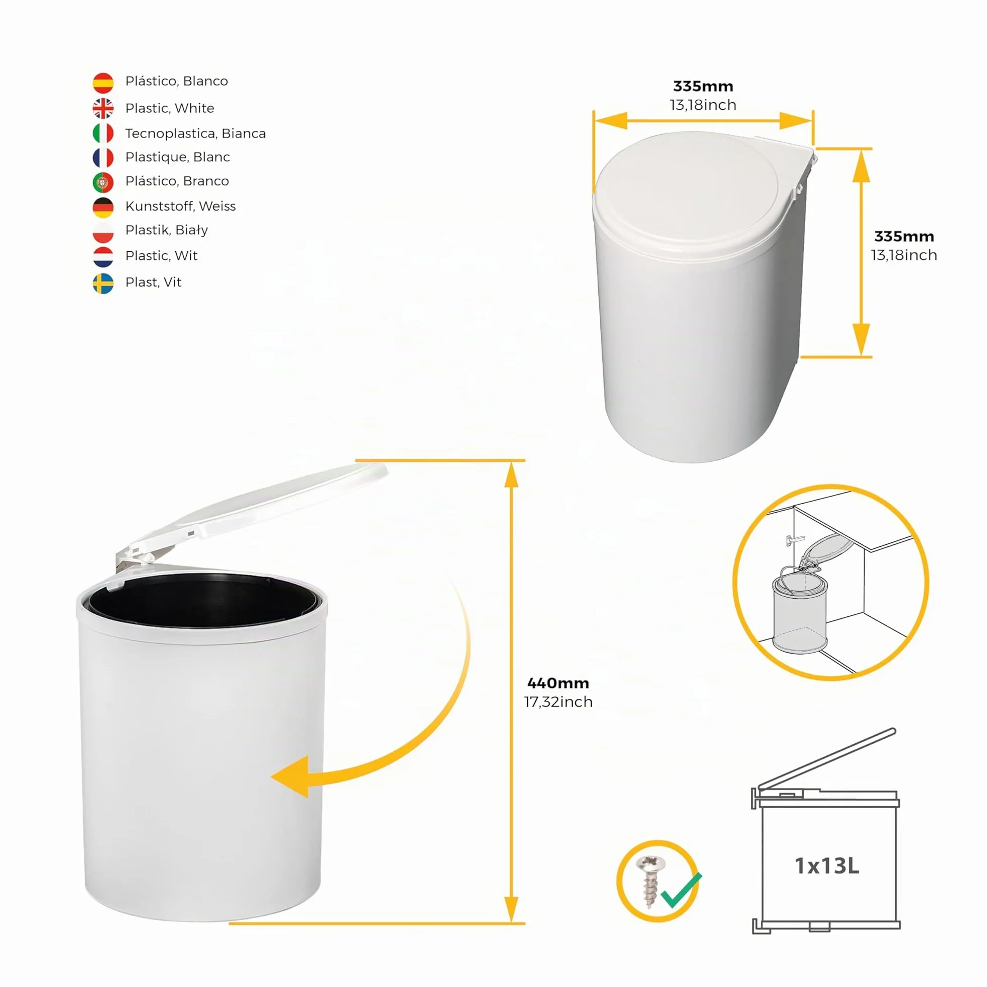 Emuca Poubelles de Porte de Meuble 13L avec Couvercle Automatique Plastique Blanc