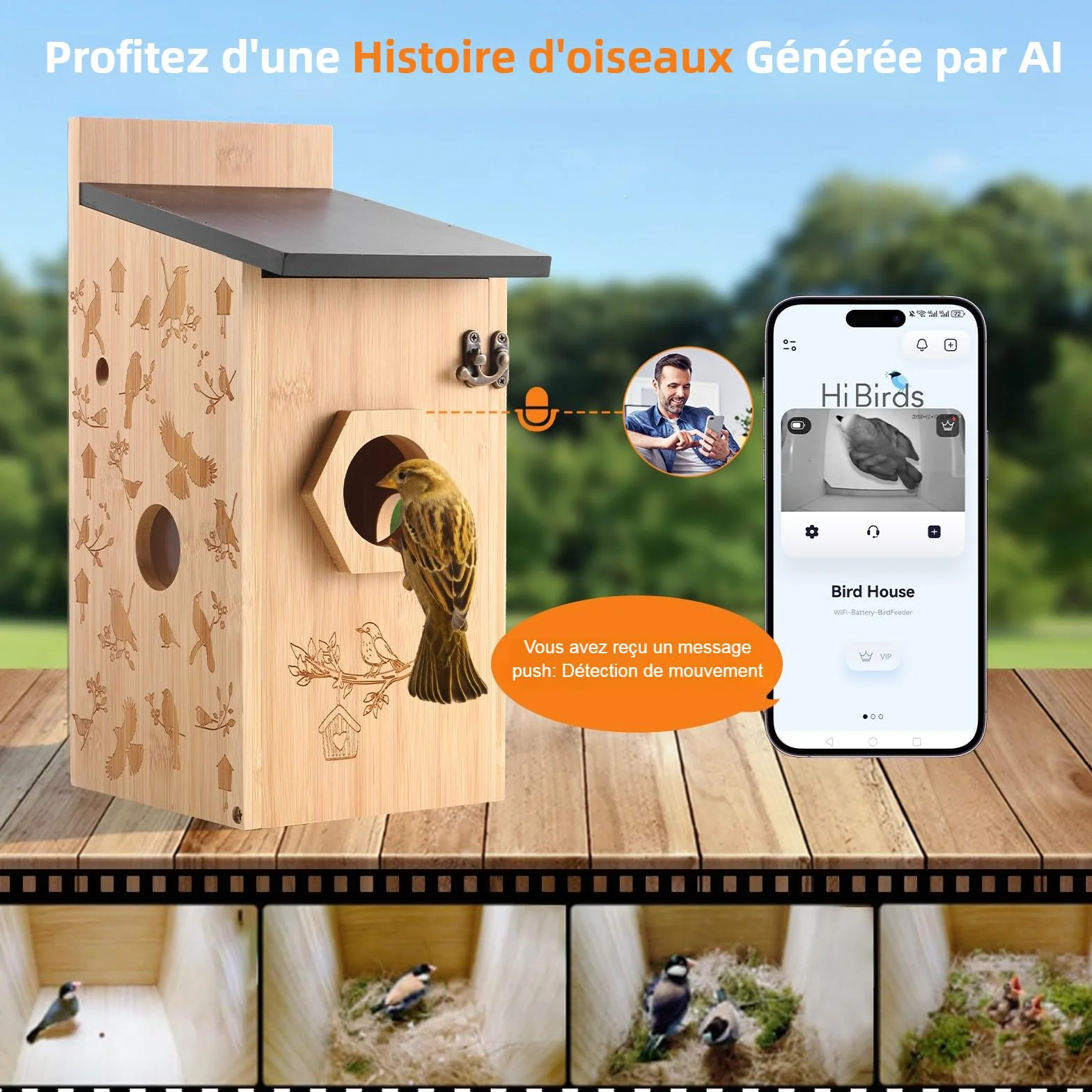 Nichoir Mésange avec Caméra 5MP Solaire WiFi 2,4G, Détection de Mouvement, Vision Nocturne