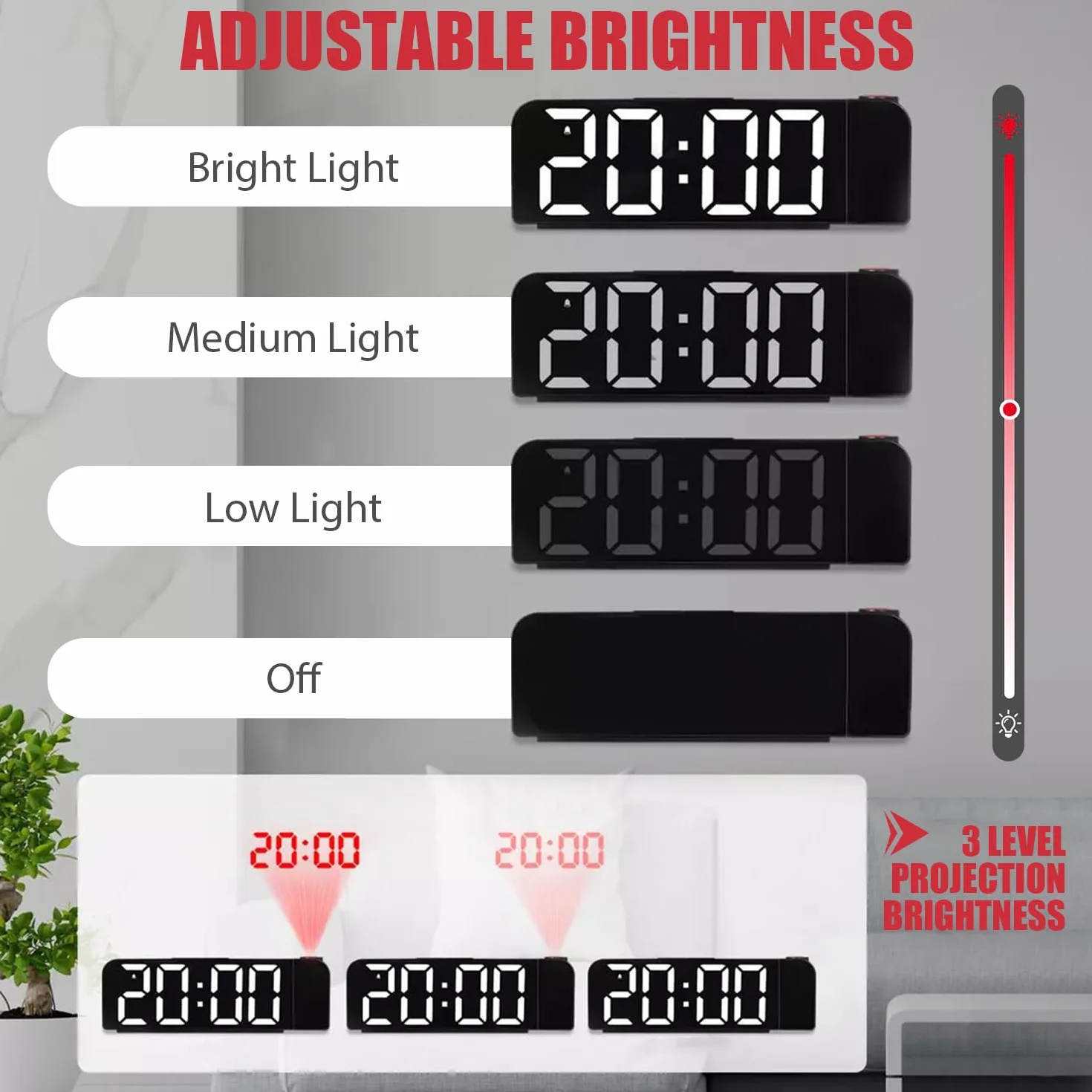 Réveil Projecteur Plafond avec Température, Horloge Numérique LED Projection 180° Luminosité Réglable