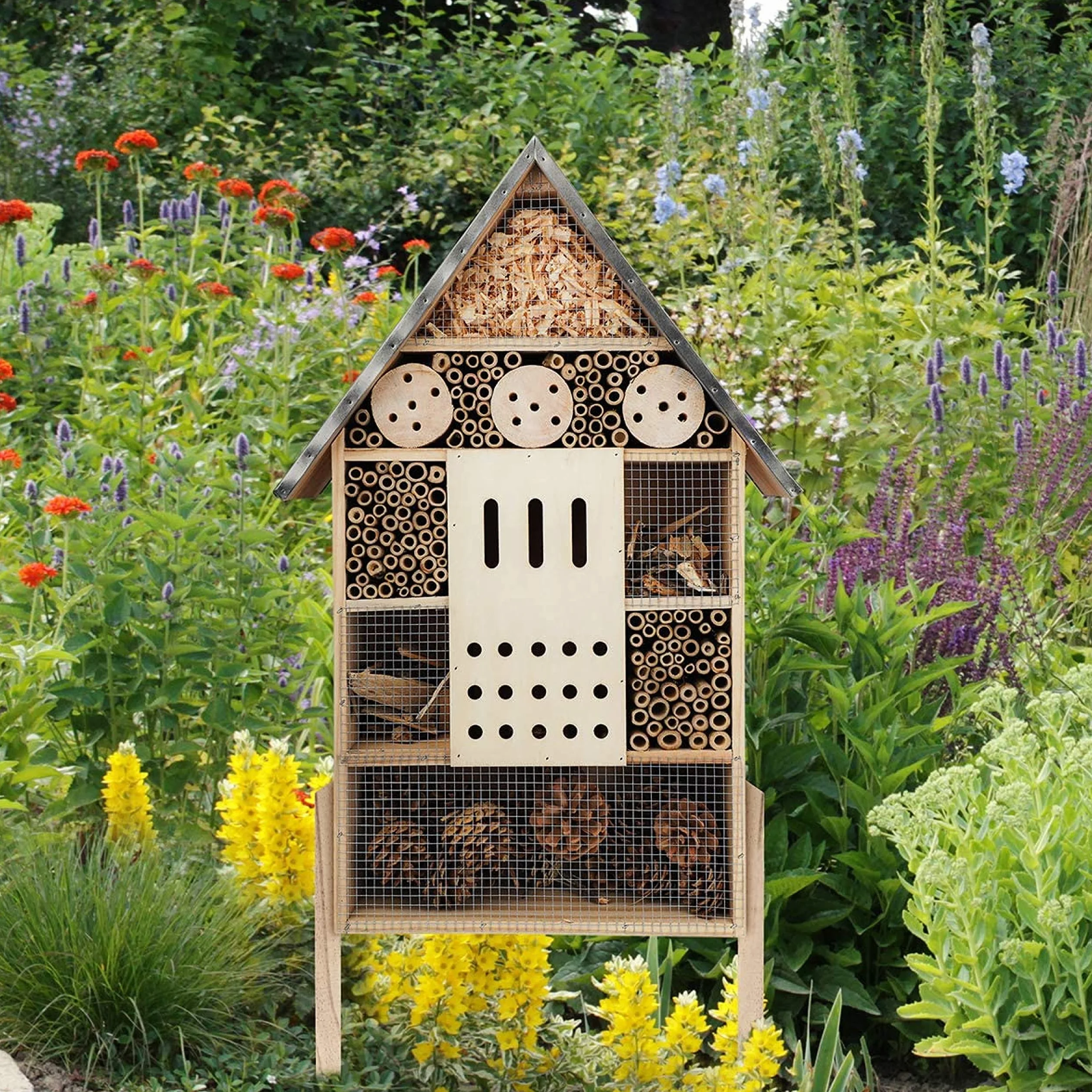 Hôtel pour Insectes XXL Debout 76cm Toit Métallique Grand Non Traité Maison pour Abeilles Papillons