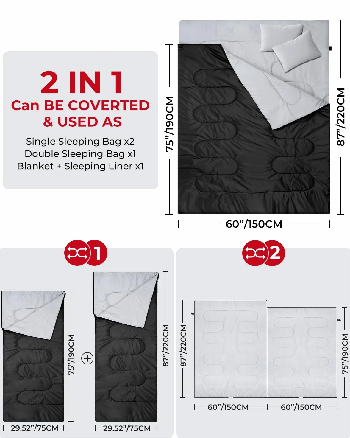 Ohuhu Sac de Couchage 2 Personnes 220x150cm Rectangulaire Camping avec Oreillers 2.75kg/3.5kg