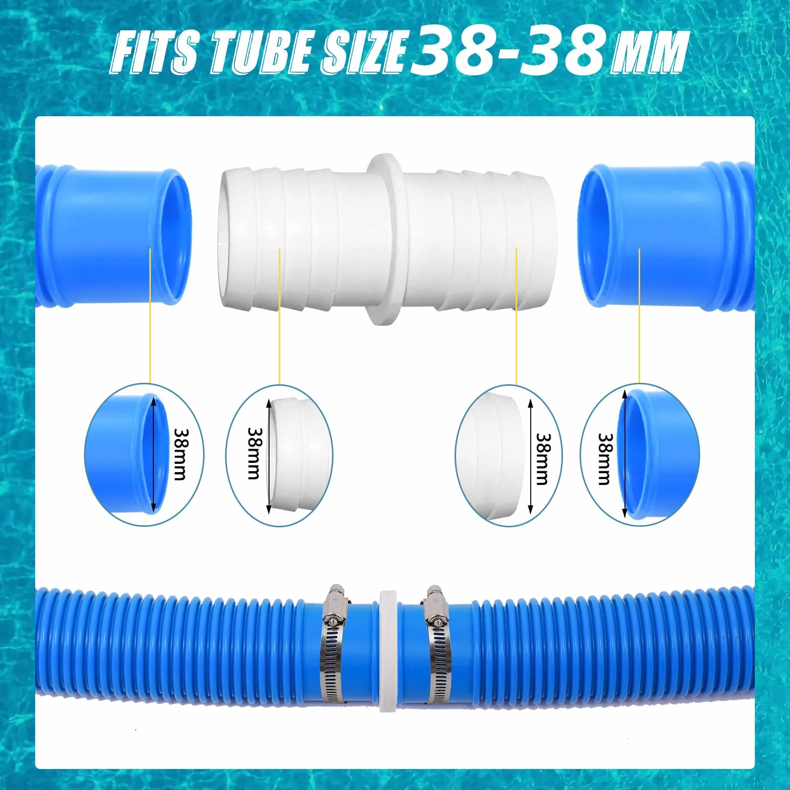 Raccords de tuyau de piscine 38 mm - Lot de 4 avec colliers de serrage en acier inoxydable