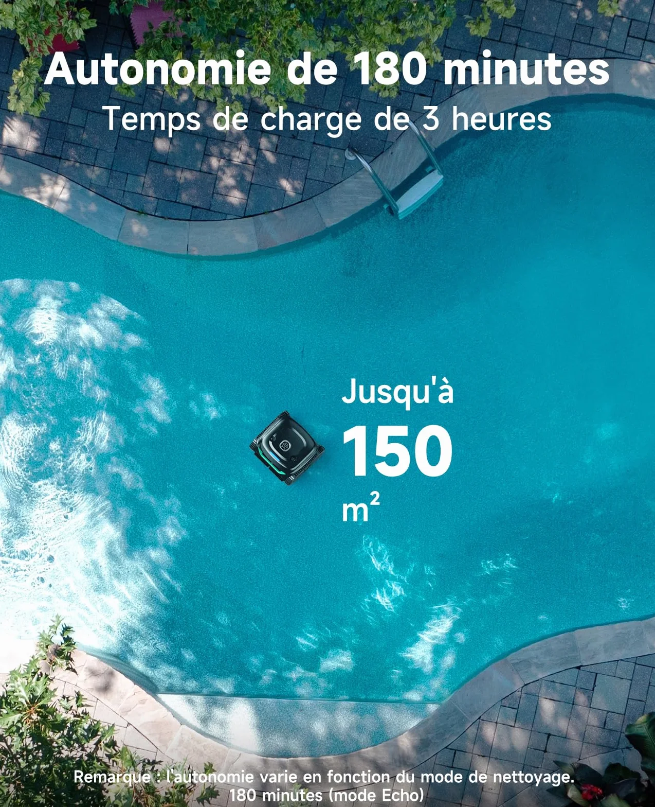 WYBOT C2 Robot Piscine sans Fil, Double Filtration, 3 Moteurs, Aspiration Puissante, 180 Min, pour Piscines Enterrées 150㎡
