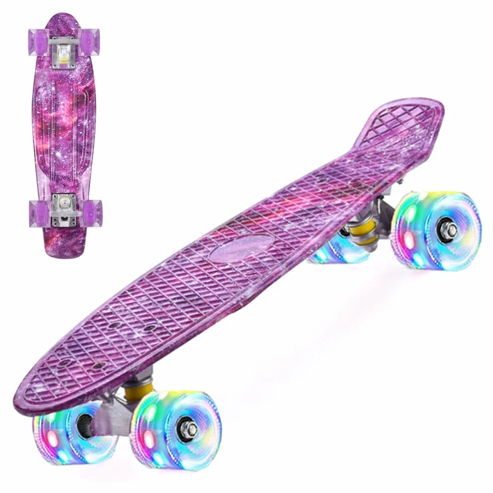 ERNAN Skateboard Complet Mini Cruiser pour Enfants 22"，Skateboard avec Roues LED pour Enfants Débutants Filles Garçons Adolescents Adultes (Deep Purple)
