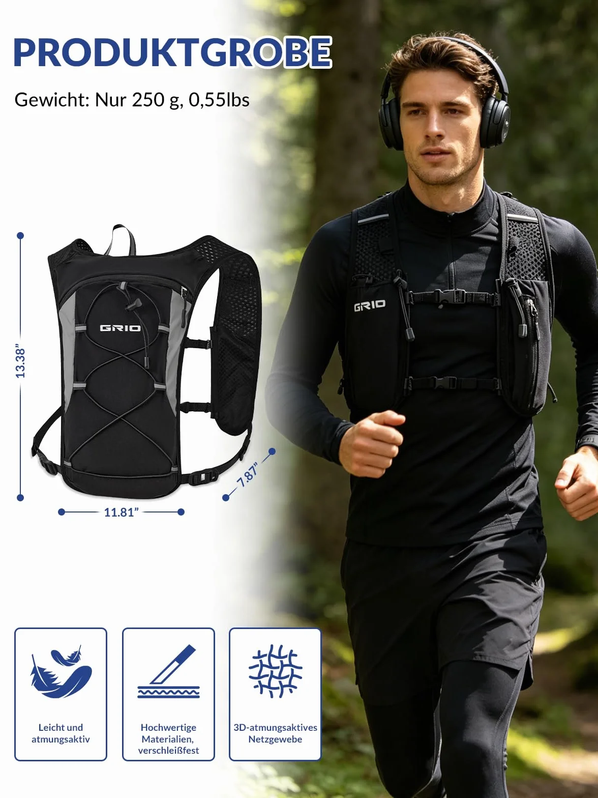 Gilet d’Hydratation 1.5L GRIO - Sac à Dos de Course Léger et Respirant pour Homme et Femme - Idéal pour Trail, Marathon, Vélo - Stable et Confortable
