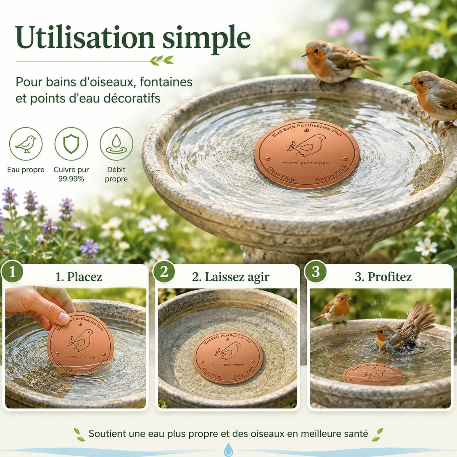 Disque de Nettoyage en Cuivre pour Bain d'Oiseaux avec Support Triple Point