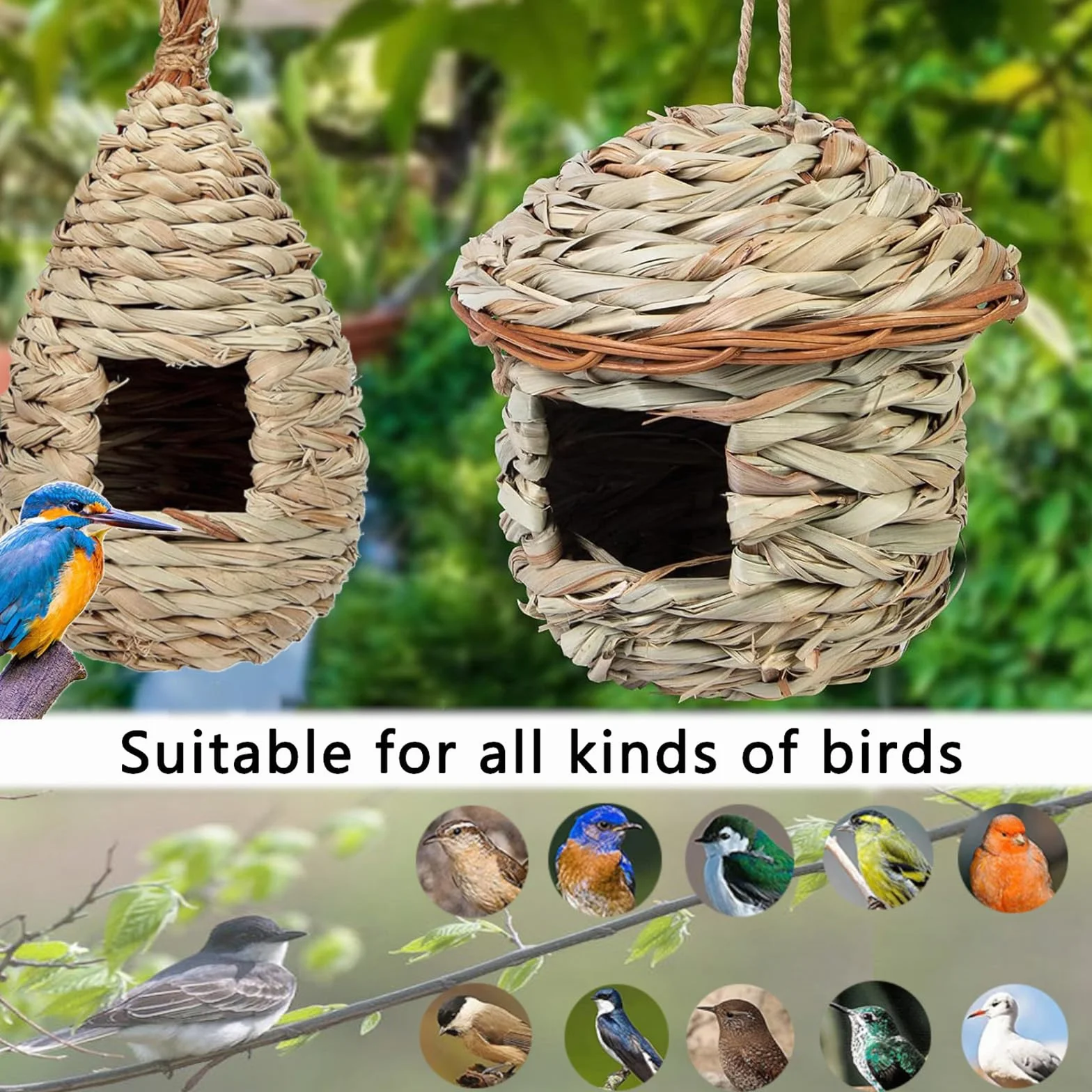 Nichoir Oiseaux Tissé à la Main 2 Pièces Suspendu pour Jardin Colibris Perruche