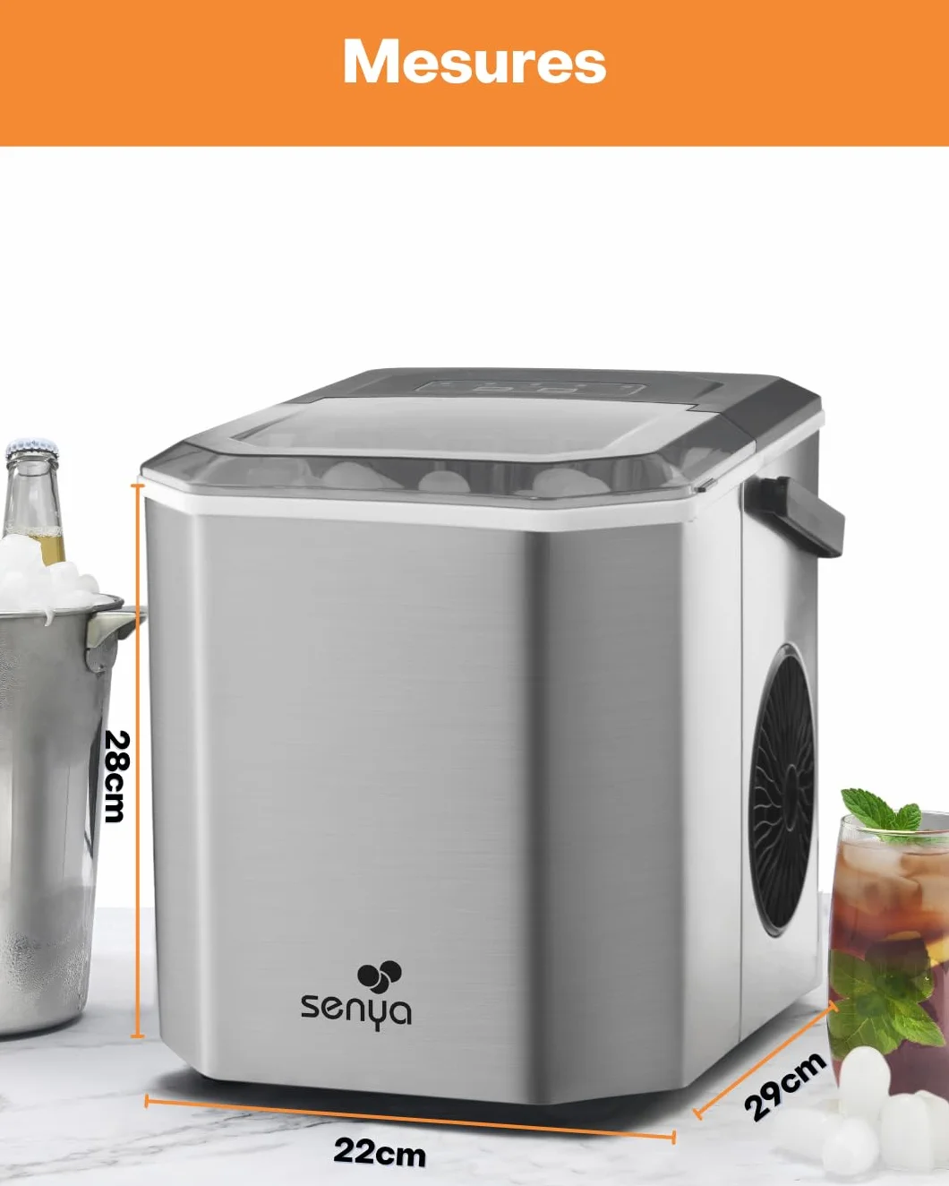 SENYA ICE COOL Machine à Glaçons Rapide 12kg/24h – 9 Glaçons en 6 à 13 min – 2 Tailles – Réservoir 1,3L – Auto-Nettoyante – Compacte et Portable