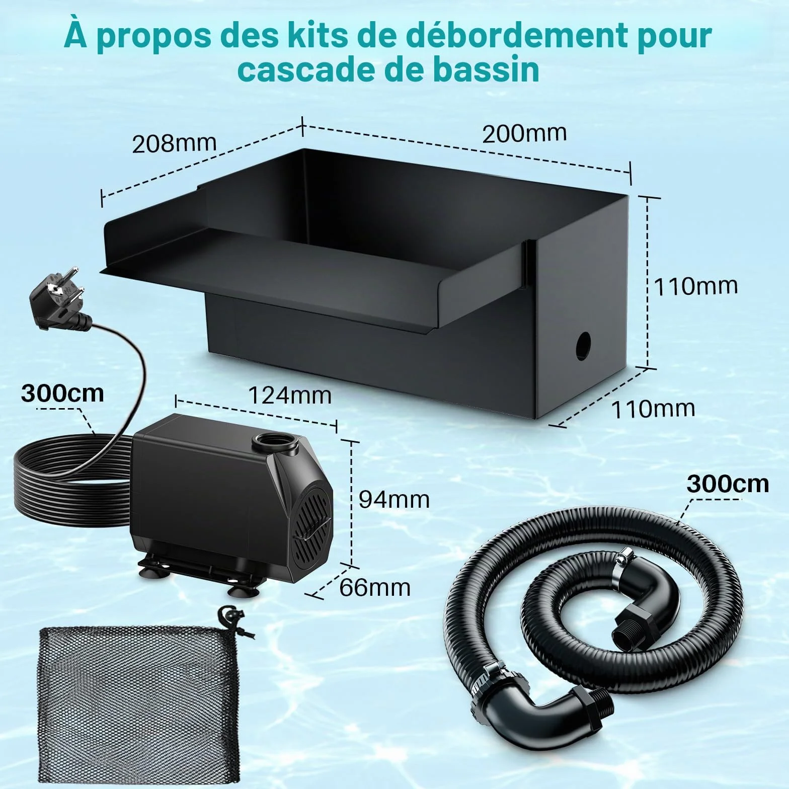 Pompe de bassin Cascade acier inoxydable 20 cm 40 W 2500 l/h pour étang de jardin