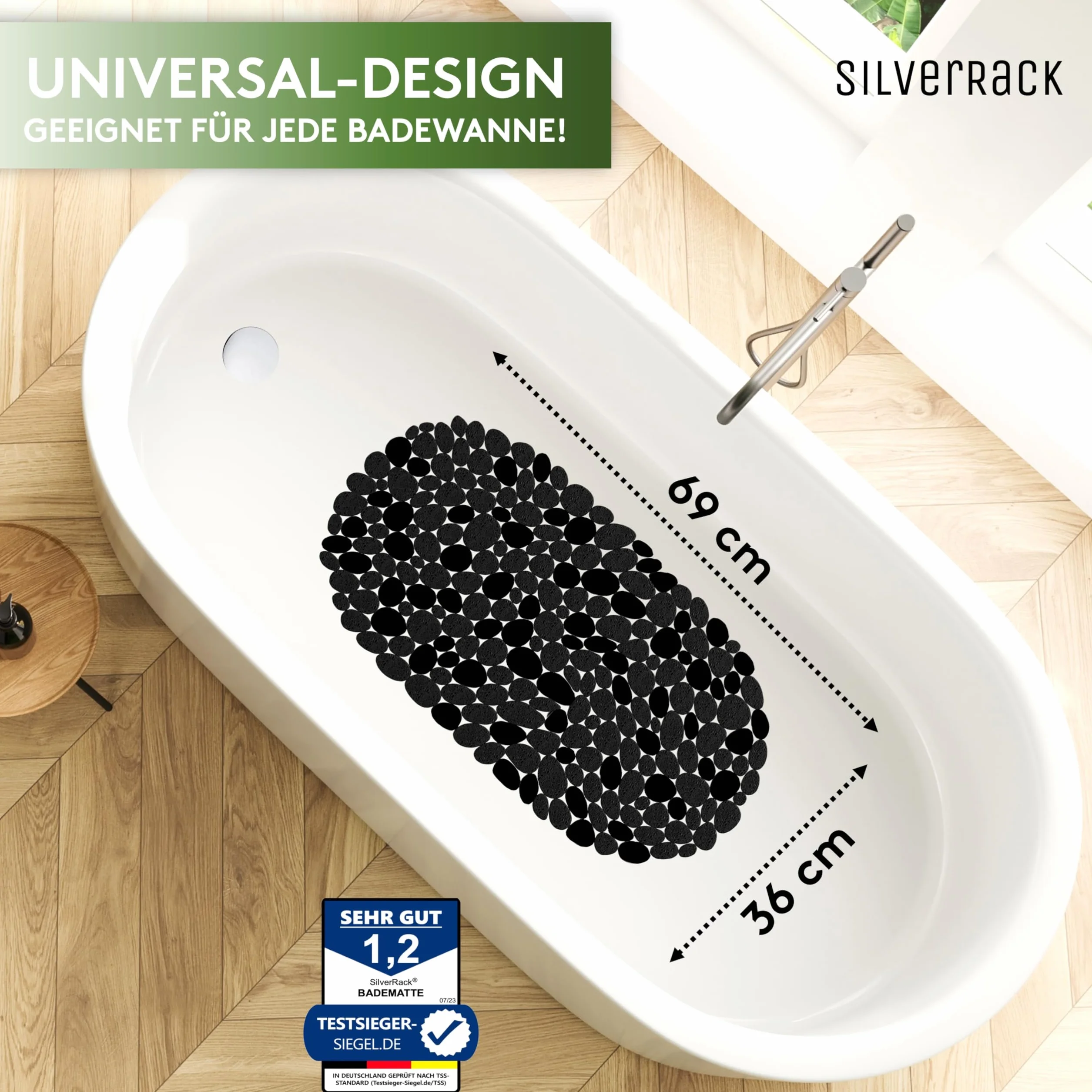 SilverRack DermaSensitivo Tapis de bain antidérapant 69 x 36 cm sans BPA Noir aspect galets
