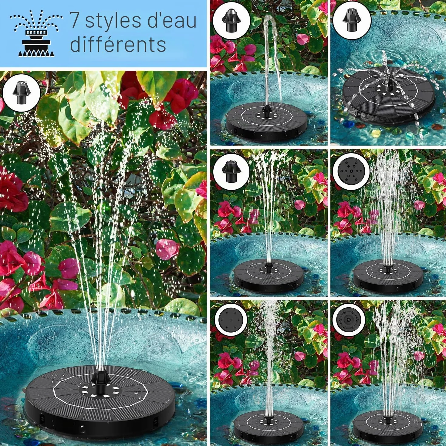 Fontaine Solaire Exterieure de Jardin 3.5W LEDs Colorées 2200mAh Batterie Pompe Solaire Bassin 8 Buses pour Bain d'oiseaux