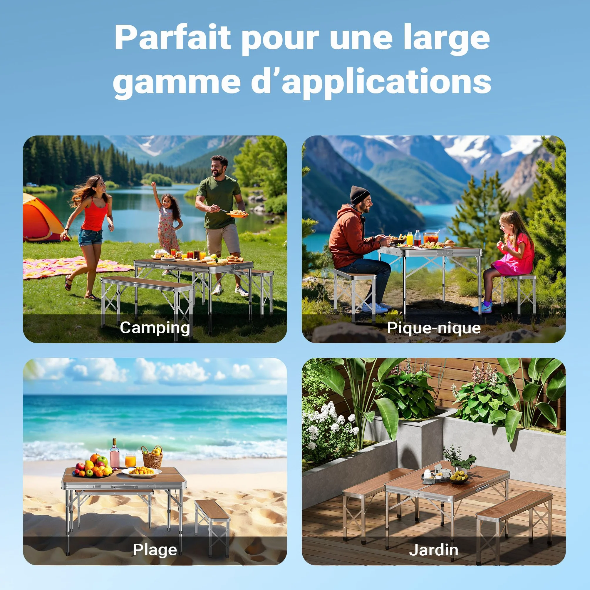 WilTec Table Pliante Valise 900 x 660 x 700 mm Aluminium MDF Camping Pique-Nique BBQ