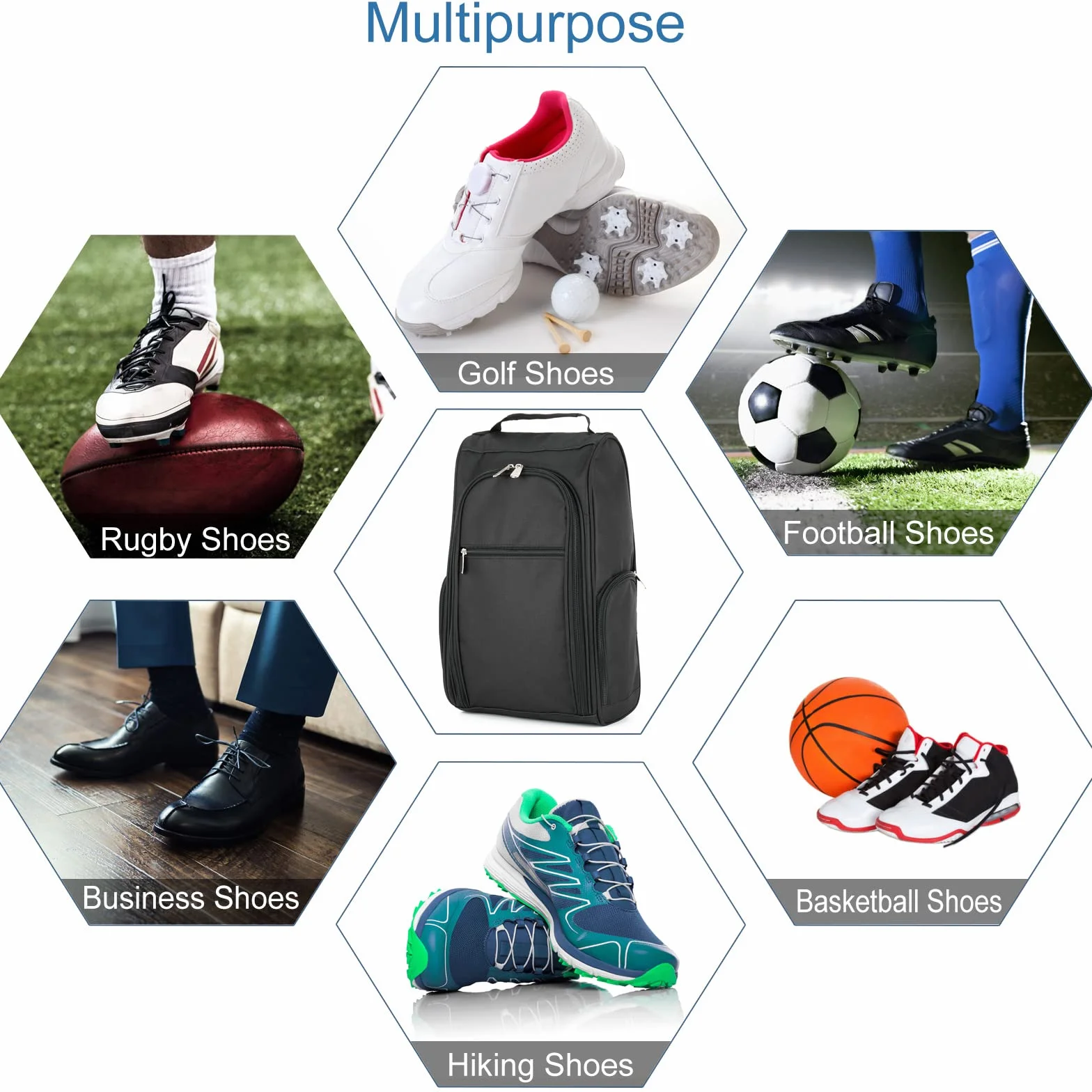 Sac à Chaussures de Football avec 3 Poches Zippées, Housse Rangement Voyage Sport Noir