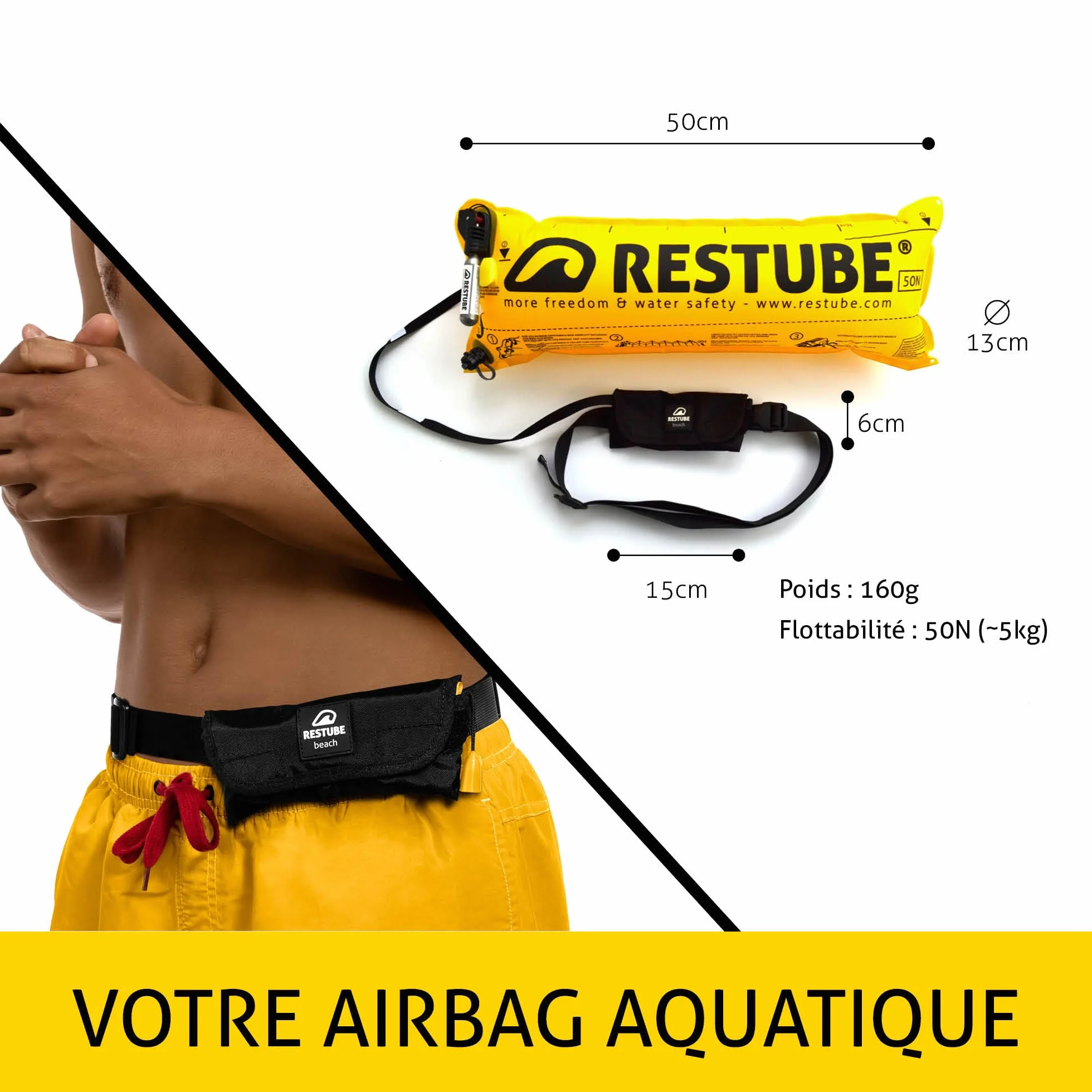 Restube Beach Sécurité pour Nage en Eau Libre-Aide Flottante pour Sport Nautique-Planche de Survie Gonflable & Bouée de Signalisation Compacte Unisex-Adult, Jet Black, Small