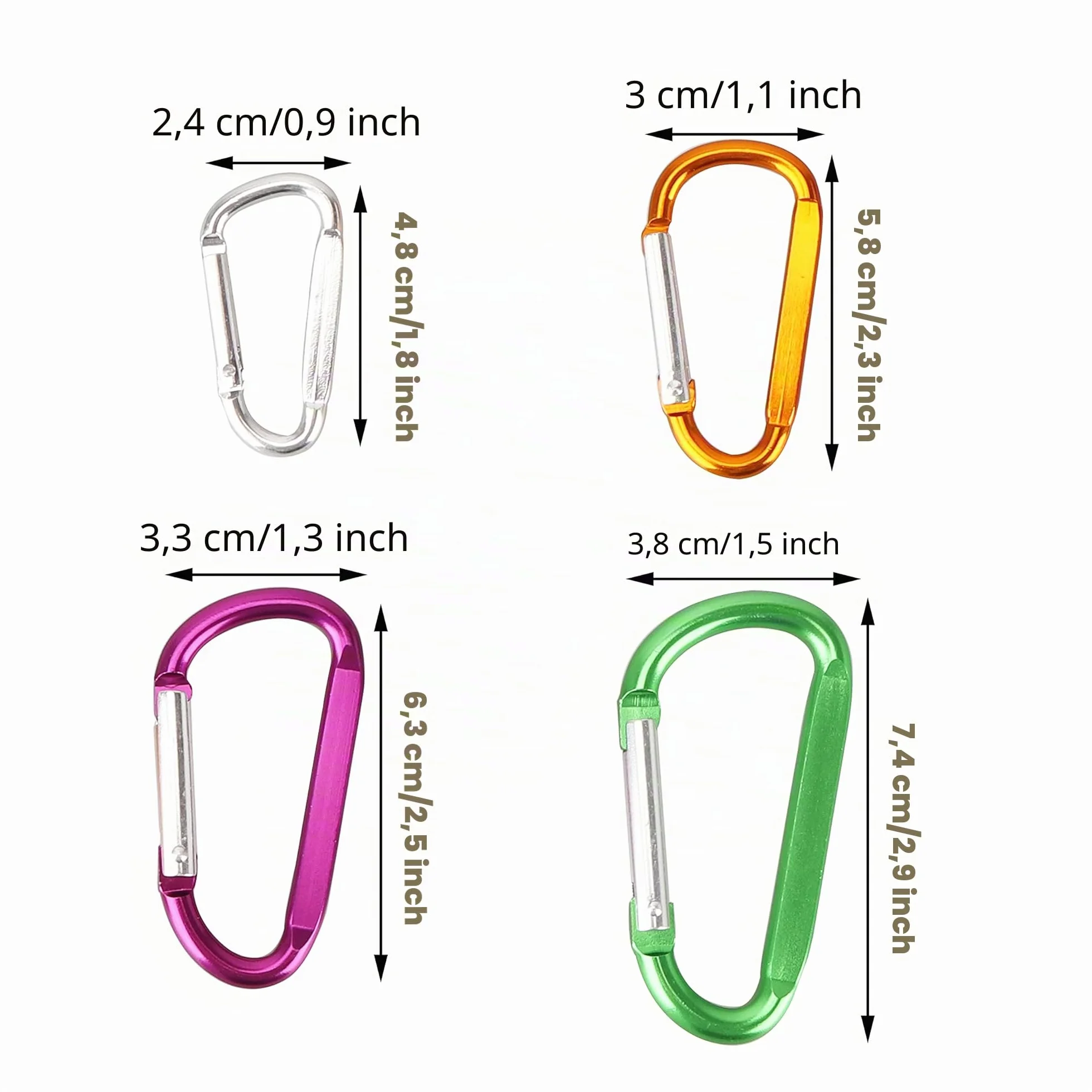 Lot de 10 mousquetons en Aluminium avec Anneau en D 2,4 x 4,8 cm pour clés, sac à dos, chien