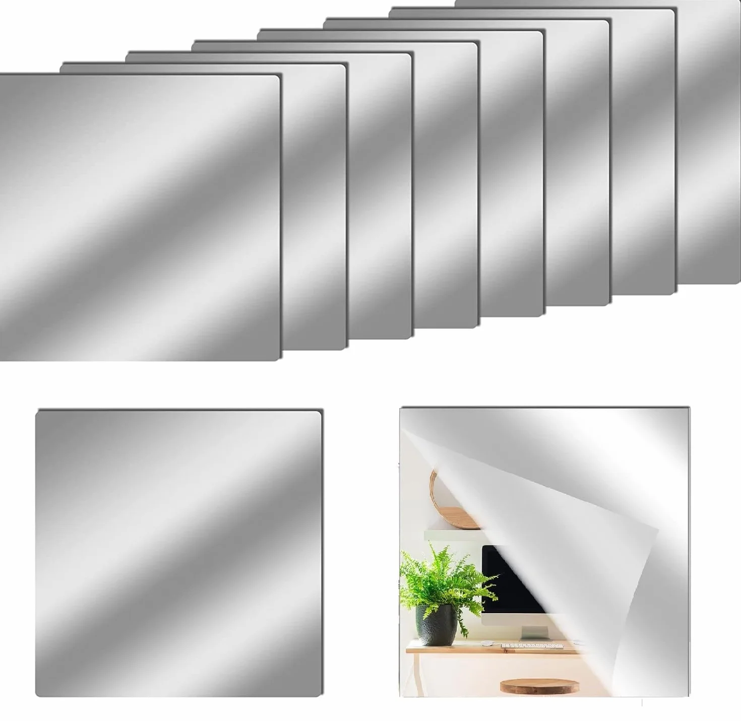 Lot de 10 feuilles de miroir flexibles 30 x 30 cm - Carreaux de miroir carrés autocollants sans verre réfléchissants de sécurité