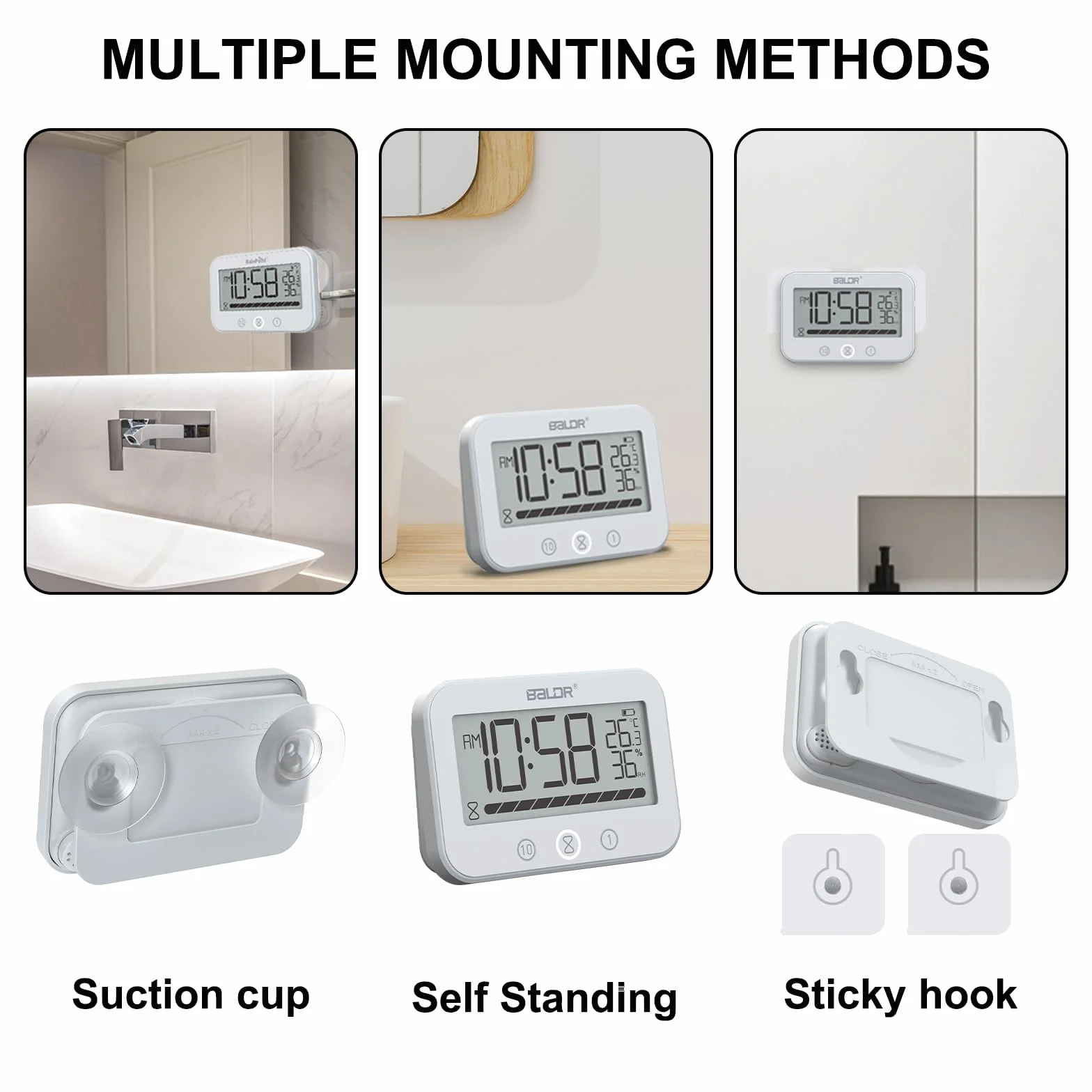 Horloge de salle de bain numérique étanche IP54 avec température, humidité, compte à rebours 99 min et alarme