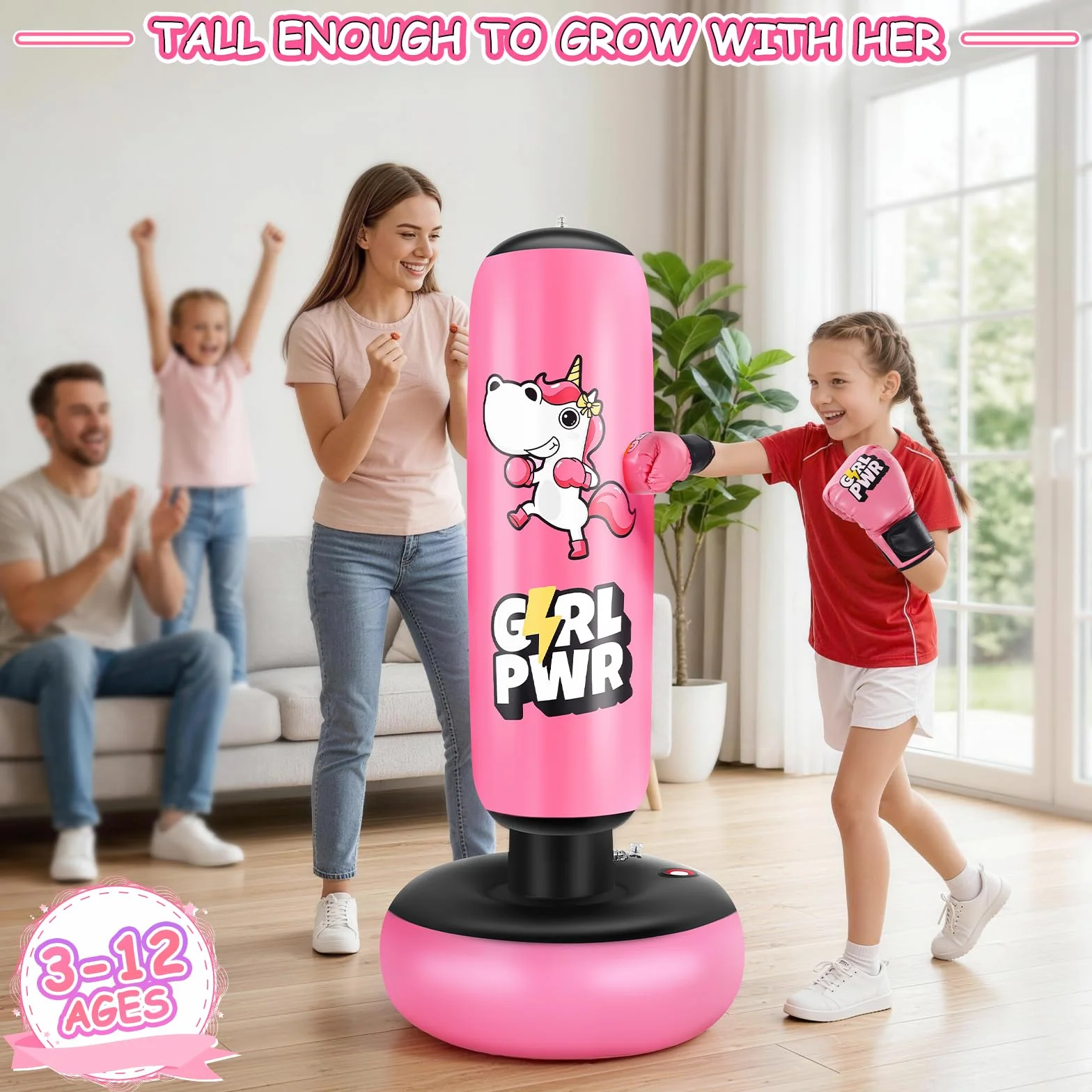 Punching Ball avec Gants de Boxe et Pompe, Sac de Boxe Enfant 168 cm - Idéal pour Karaté, Taekwondo, Cadeau Parfait pour Garçons & Filles de 5 à 12 Ans (Rose)