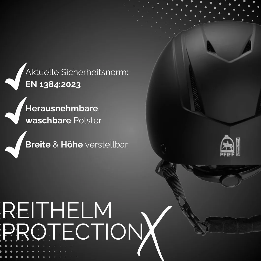 PFIFF 103119 Casque d'équitation ProtectionX pour Adulte, Taille réglable, avec système de Ventilation, Noir, Taille 52-56 cm (S) et 55-59 cm (M)
