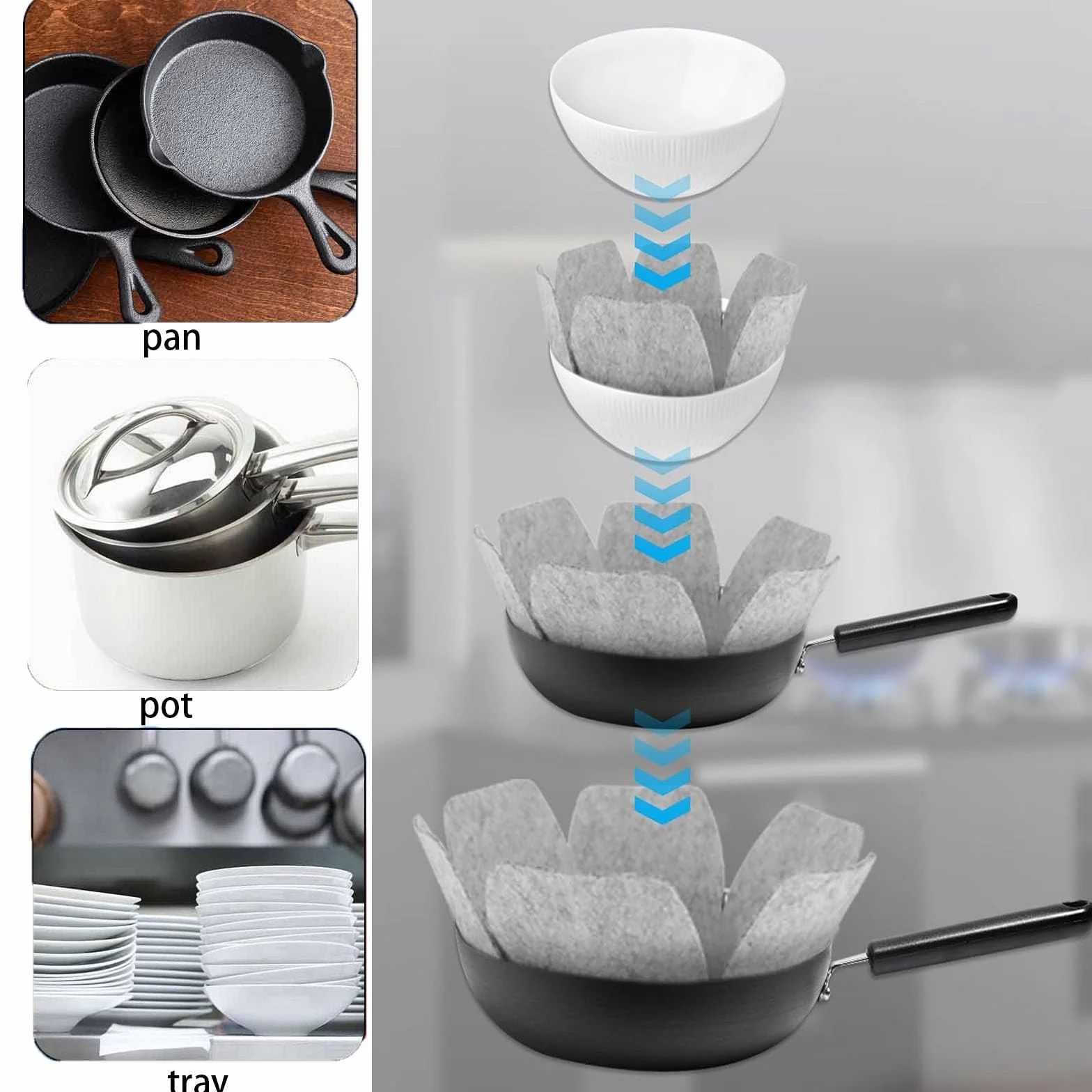 Protecteurs de casseroles en feutre, empilables, 3 tailles, antidérapants pour protection anti-rayures