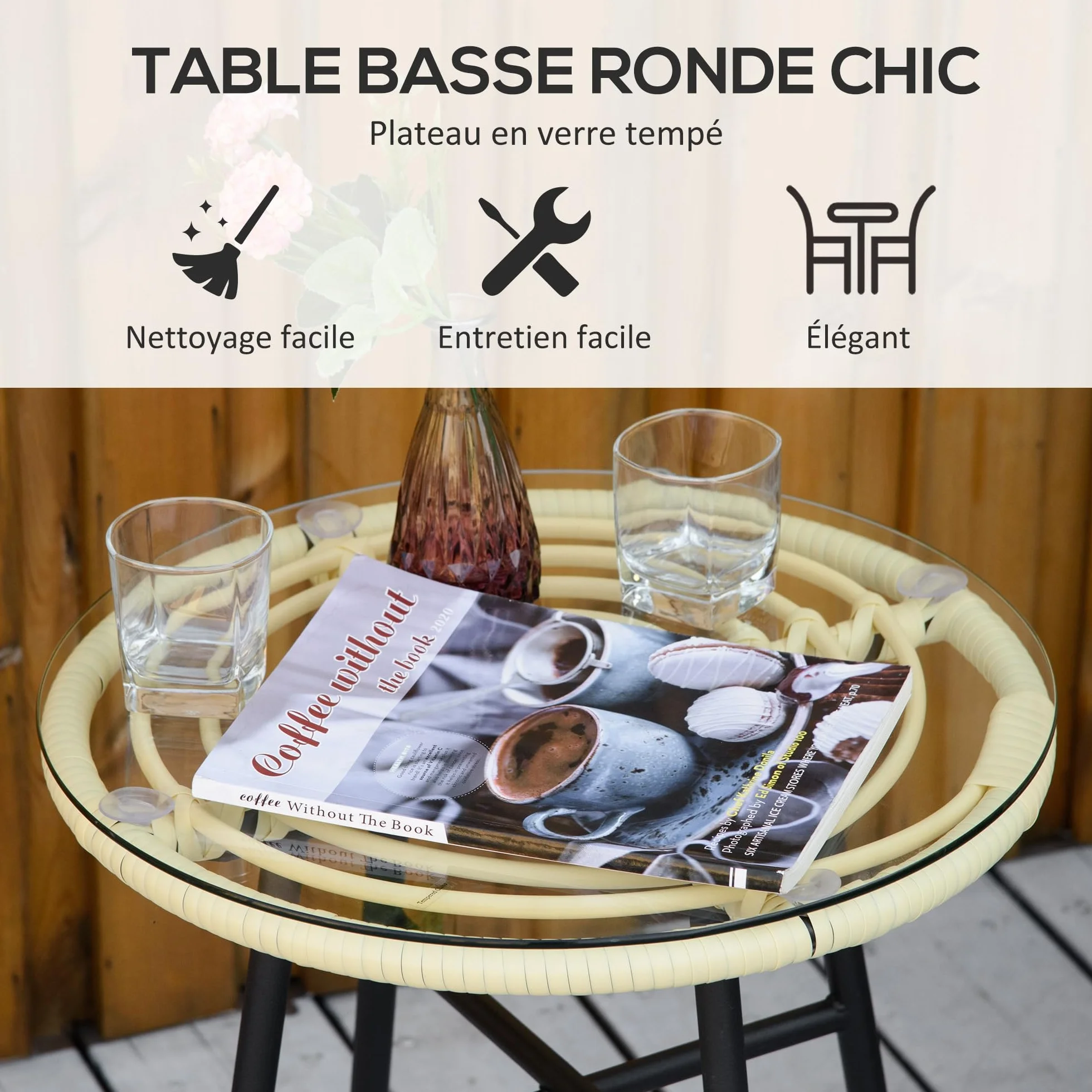 Outsunny Ensemble Bistro Jardin 3 pièces Table Basse Ronde Verre trempé 2 chaises Coussins zippés déhoussables Polyester résine tressée PE métal galvanisé Ø 45 x 50 cm crème