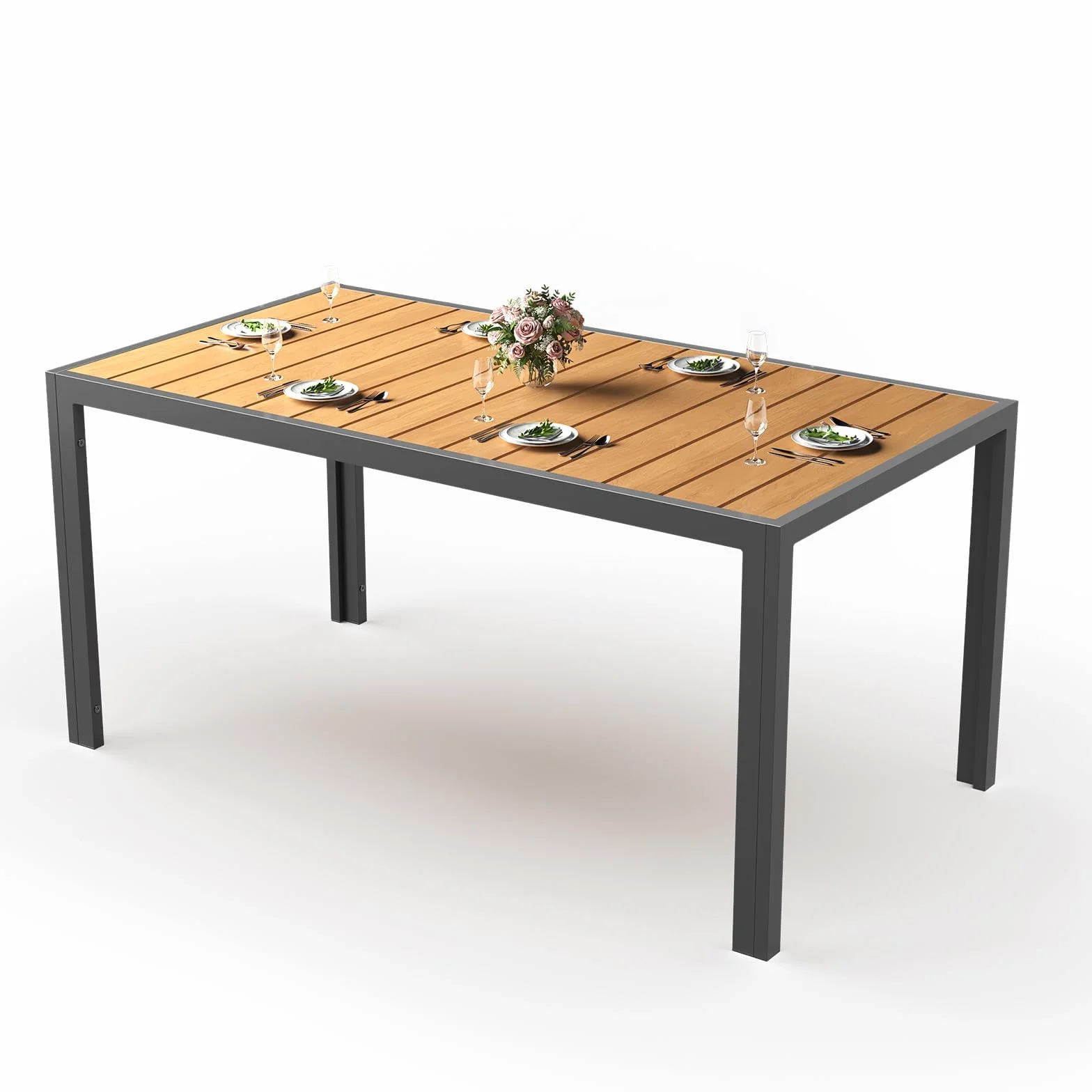 JUMMICO Table de Jardin Extérieur 150x80cm Aluminium Aspect Bois Antirouille Imperméable