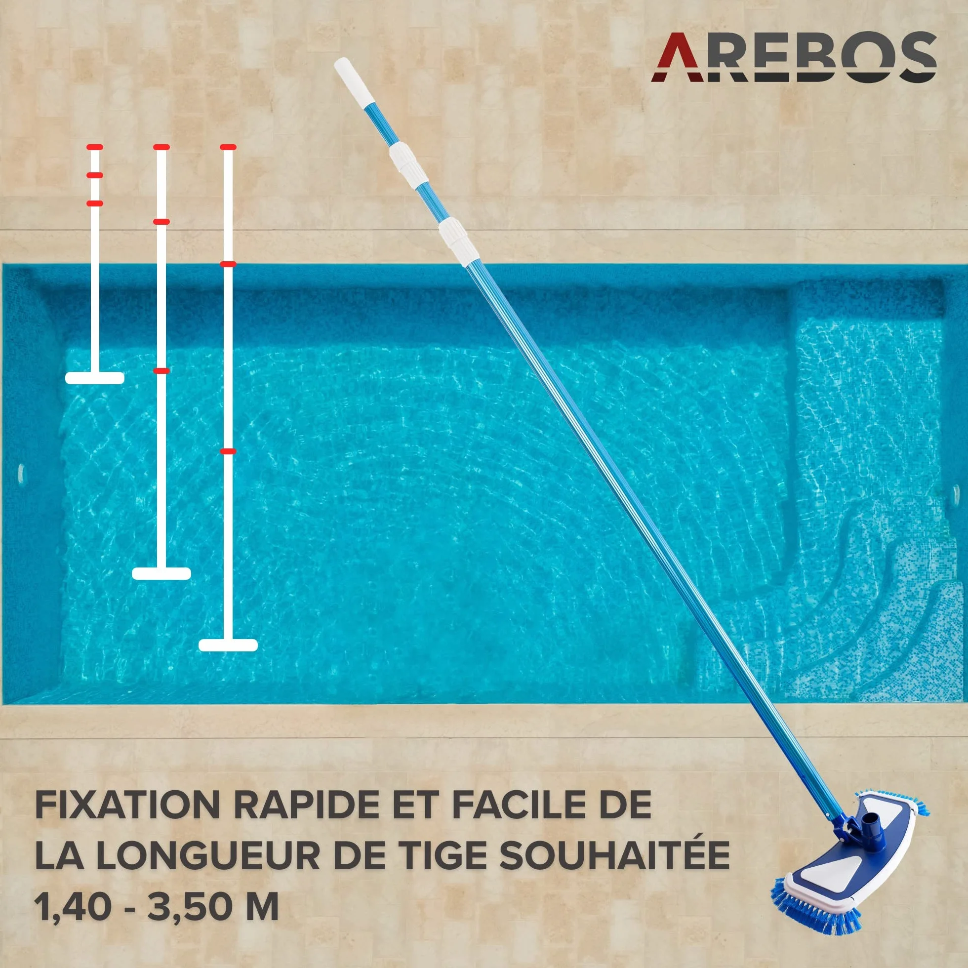 Arebos Brosse de Piscine avec Perche Télescopique et Tuyau Aspirateur