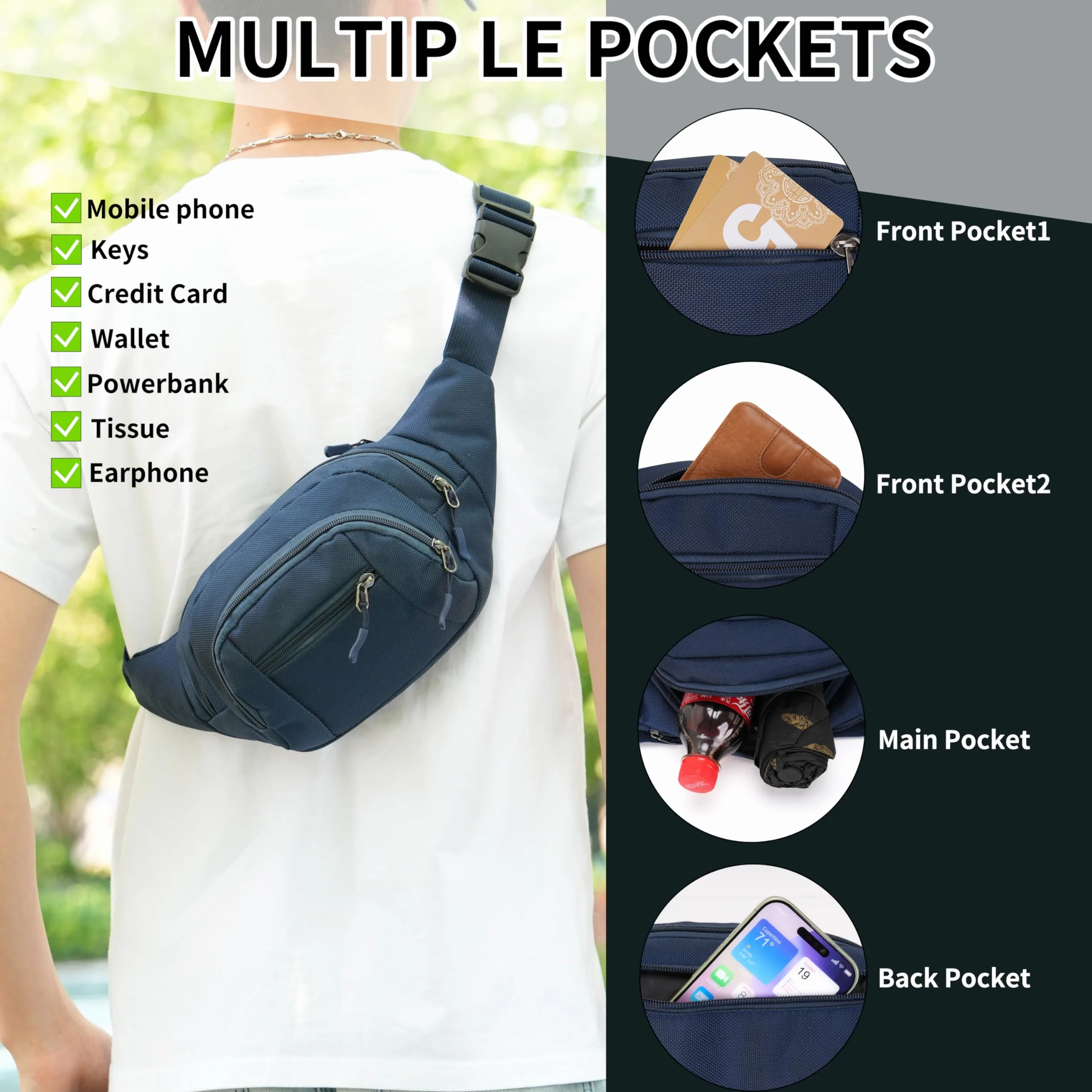 Sac Banane Homme Femme, Ceinture de Voyage Sport Pochette Ville de Sécurité pour Cacher et Protéger Argent, Sacoche Banane pour Randonnée Vacance (Bleu Marine)