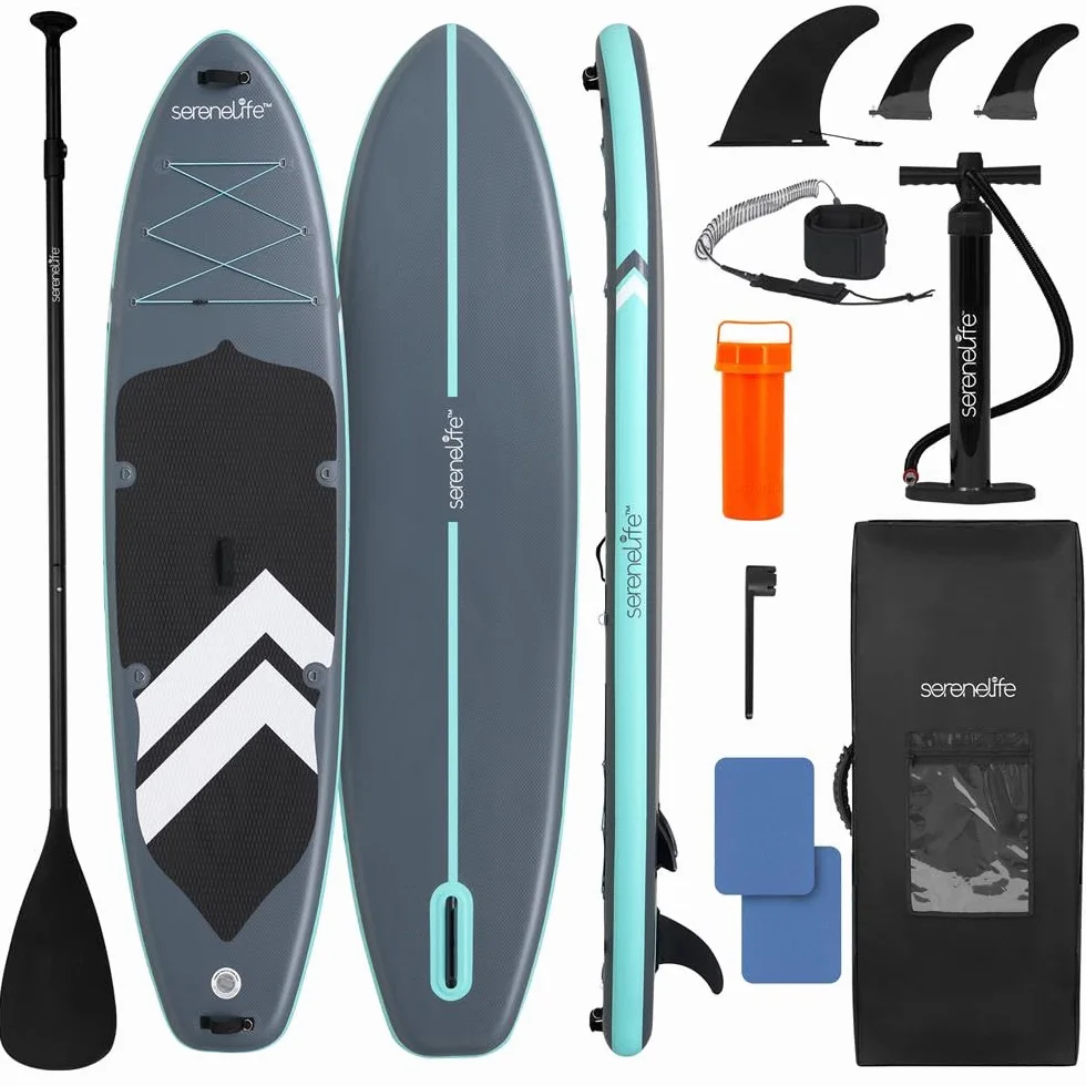 SereneLife Paddle Gonflable Adulte XL 350-370 cm – Stand Up Paddle Familial Stable pour 2 Adultes et 1 Enfant, Capacité 205 kg, Siège Inclus, Tapis EVA Antidérapant et Kit Complet