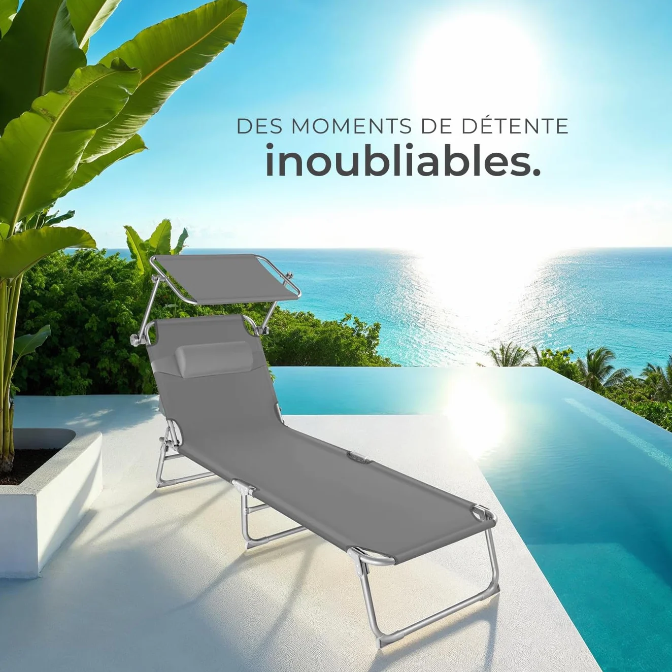Tectake Set de 2 Chaises Longues Pliantes avec Pare Soleil & Appuie-tête - Transat Inclinable de Plage Gris