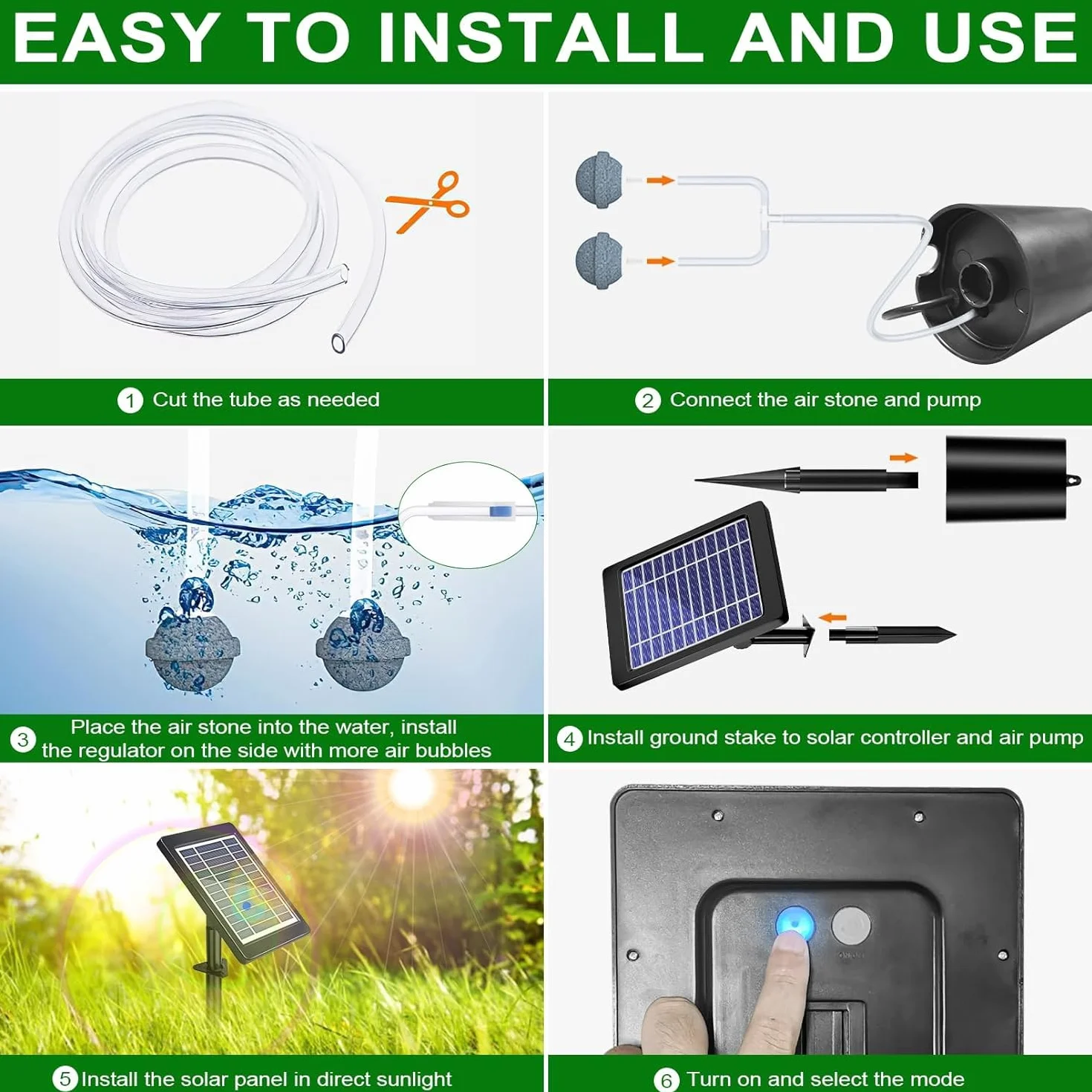 Aérateur Solaire de Bassin 4W 2200mAh 3 Modes 18H/36H/72H avec Pompe à Air Régulateur de Bulles