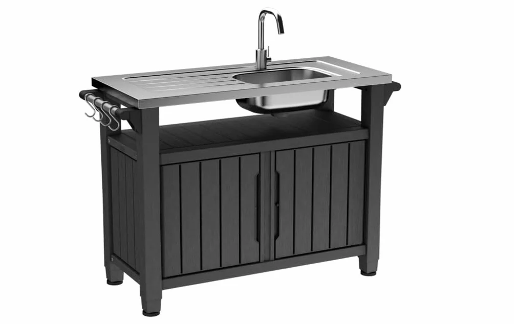 Keter Unity XL Desserte extérieure avec évier 207L résine Effet Bois comptoir Aluminium Graphite 134x52x90 cm
