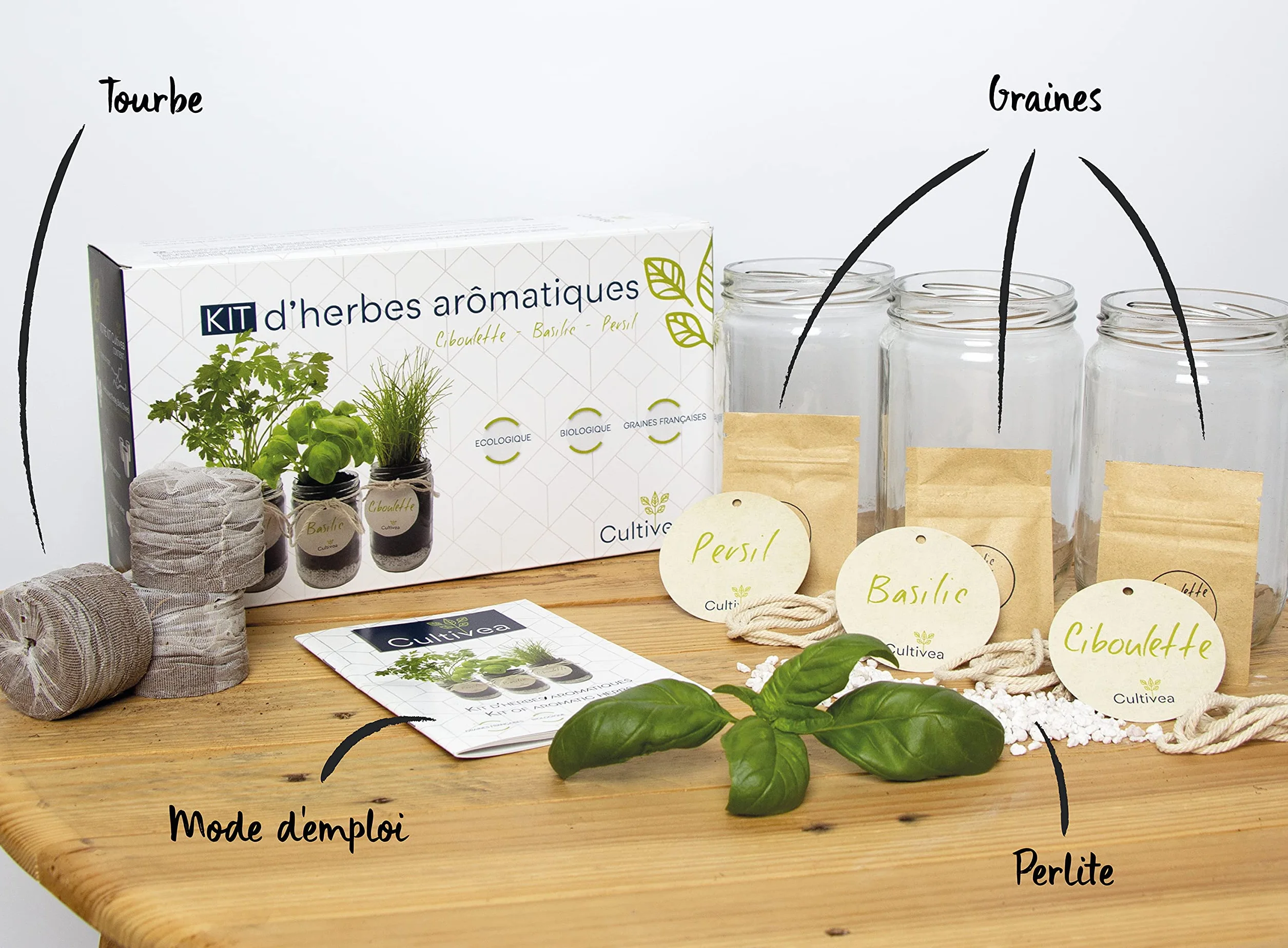 Kit Herbes Aromatiques Intérieur Bio – Basilic Persil Ciboulette – Mini Potager Bocaux en Verre Cadeau
