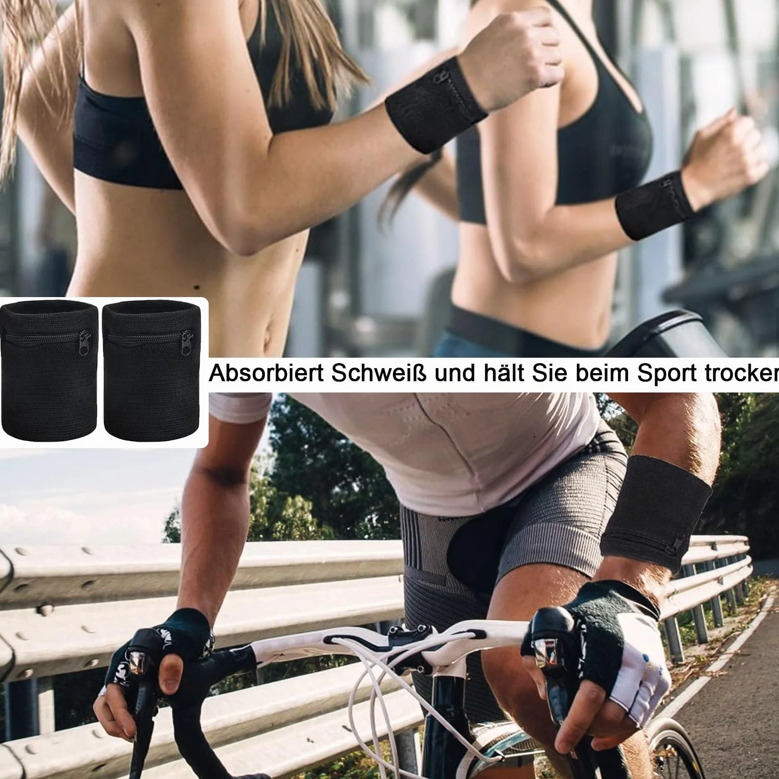 Bracelet de Sport à Glissière 4 pièces Sac à Poignets avec Bandeau de Transpiration pour Course Jogging Noir