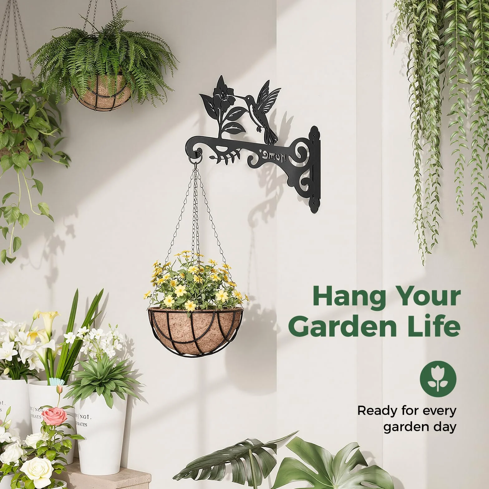 Bamworld Support jardiniere balcon 2 Pièces en Métal Décoratif, Suspension plante exterieur avec Motif Colibri