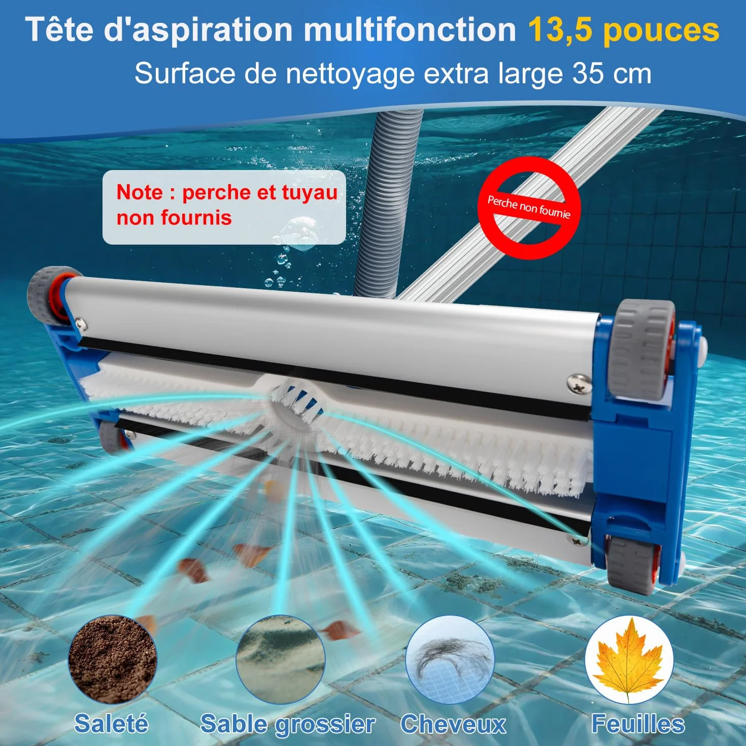 Brosse de Piscine Aluminium 34 cm avec Raccord d'Aspiration 4 Roues 2,2 kg pour Tuyau 38 mm