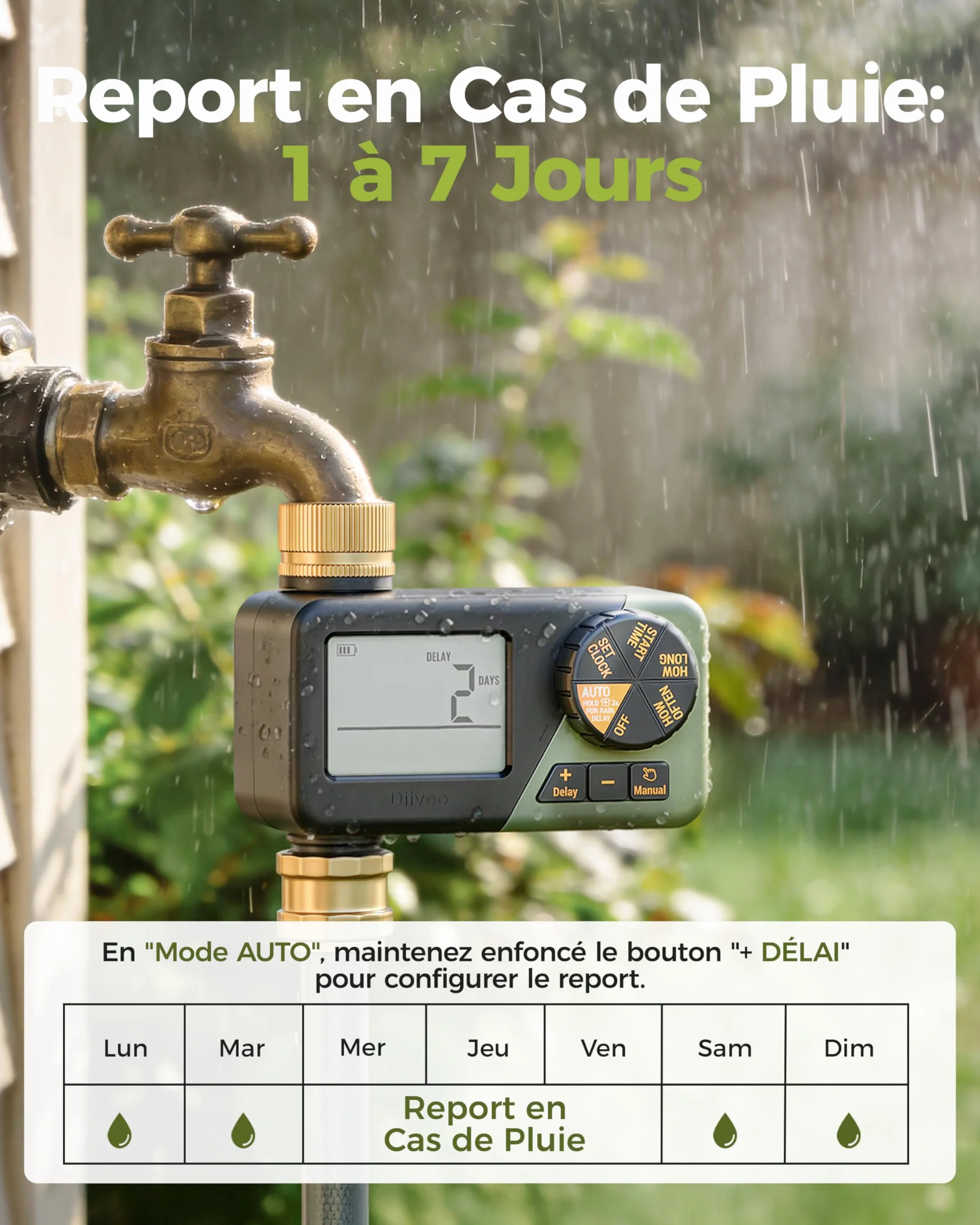 Diivoo Programmateur Arrosage Laiton IP66 Minuteur Arrosage Horaire Hebdomadaire Quotidien Grand Écran LCD
