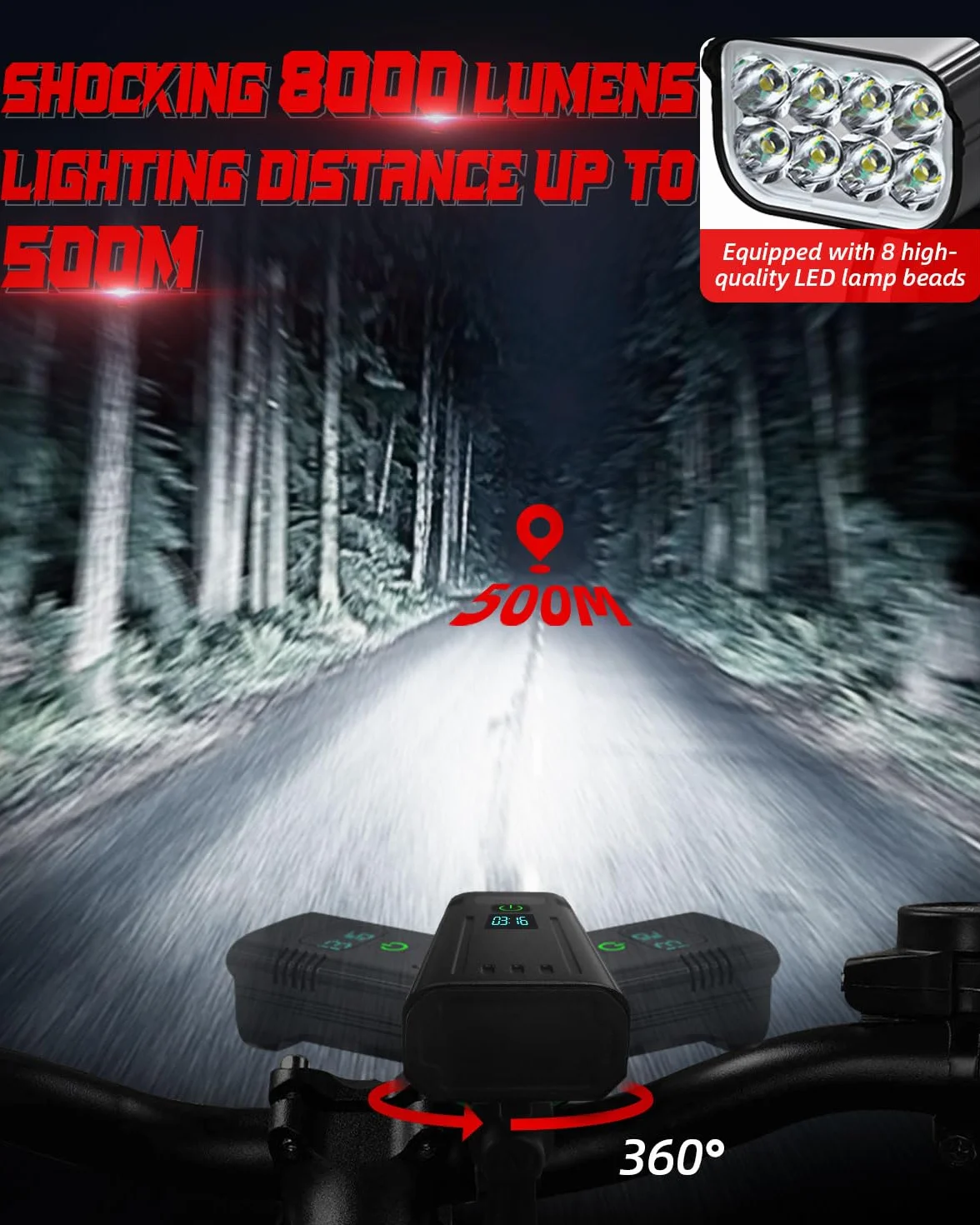 Victoper Lumiere Velo,Éclairage Vélo Avant Et Arriere,2025 Mise à Niveau 8000 Lumens 8 LED Lampe 5+5 Modes Velo LED Puissantes IPX 5 Étanches USB Rechargeables Convient à la Plupart des Bicyclette