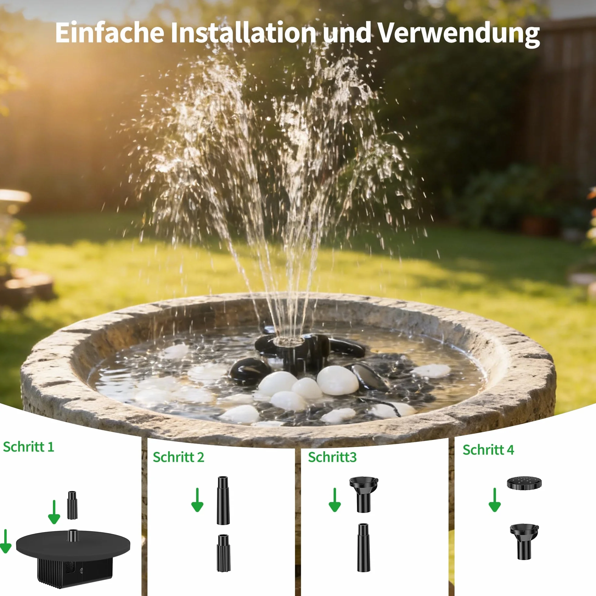 Fontaine solaire 8W extérieur pompe bassin 8 modes pulvérisation eau tuyau 1,5m protection anti-faible débit