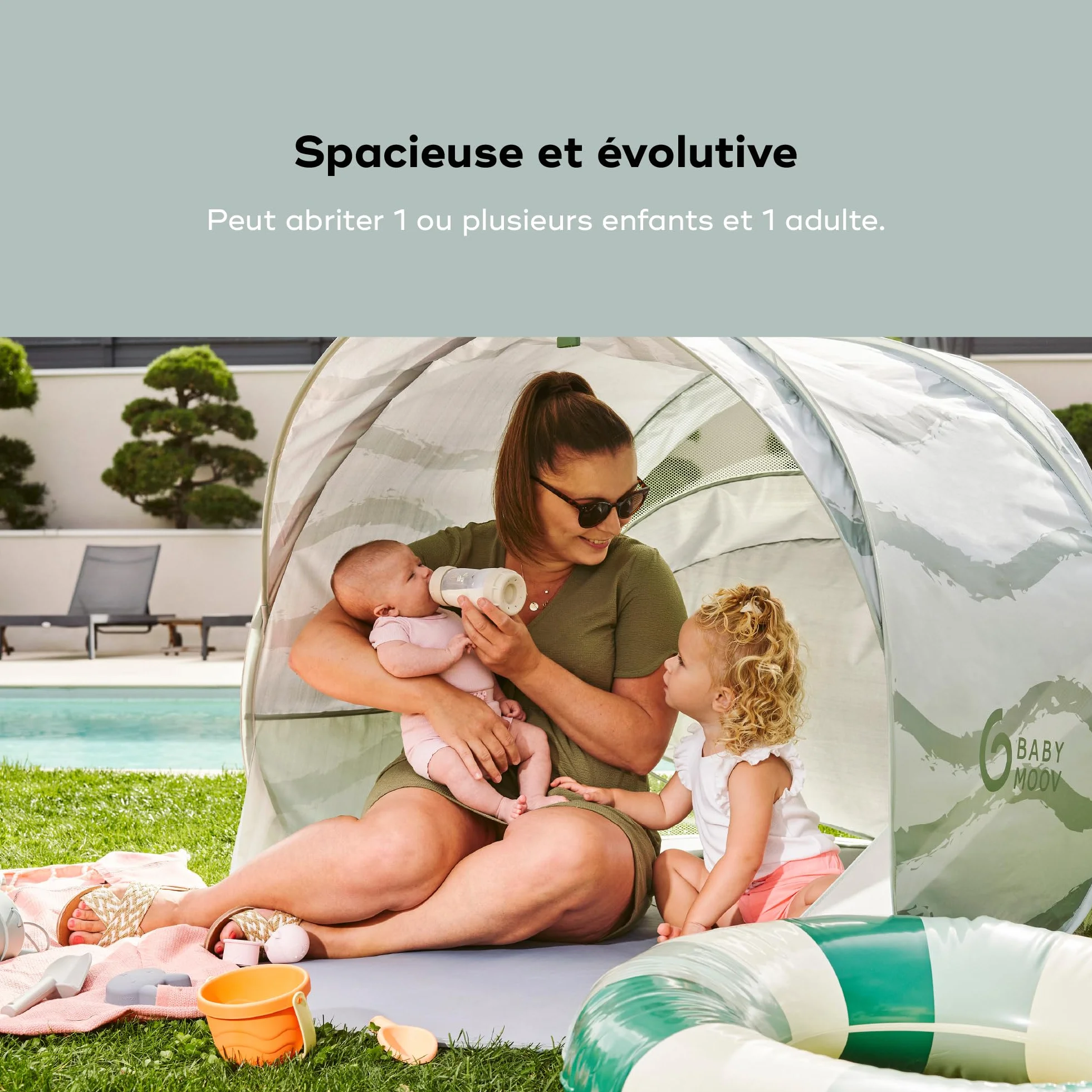 Babymoov Tente Anti-UV Bébé Rafraichissante Moov & Protect - Haute protection Anti-UV UPF 50+ - Système Pop Up - Grande Tente de plage - Moustiquaire à Maille Fine, Green Lagoon