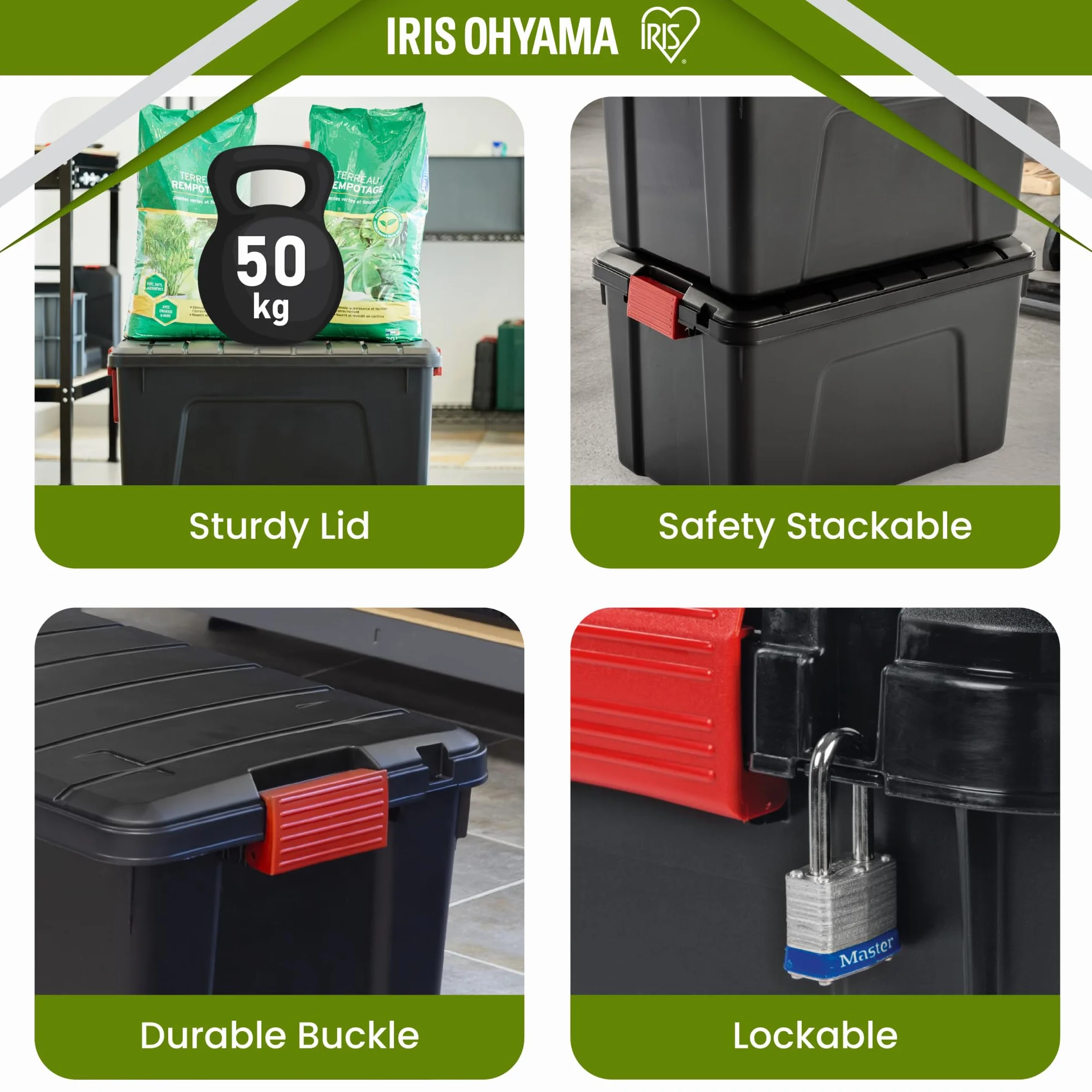 Iris Ohyama Malle Boîte de Rangement Plastique 60L Lot de 3 Empilable Roues Sans BPA SIA-60 Noir