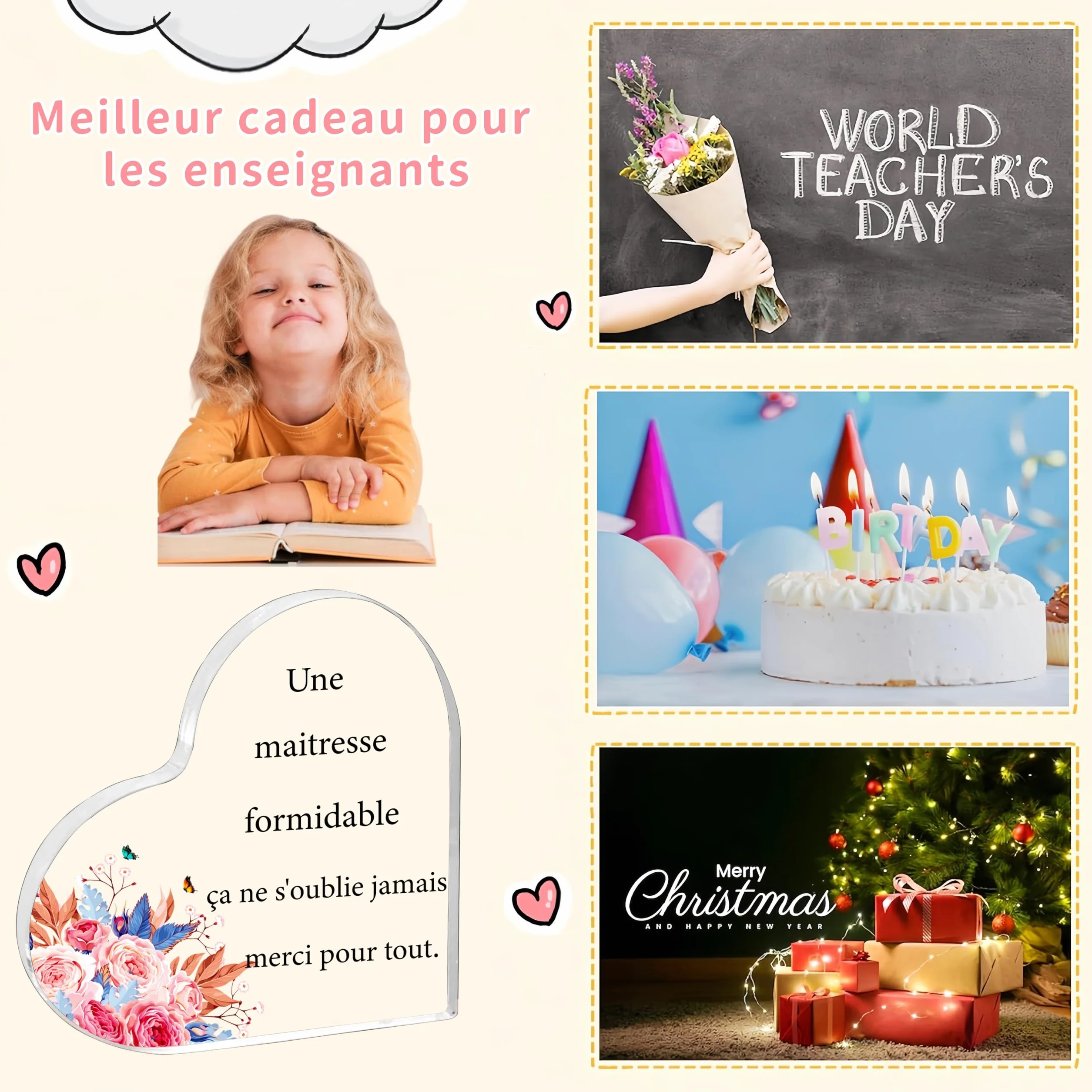 Cadeau Maitresse d'école Forme de Coeur Acrylique Ornements Merci Maitresse